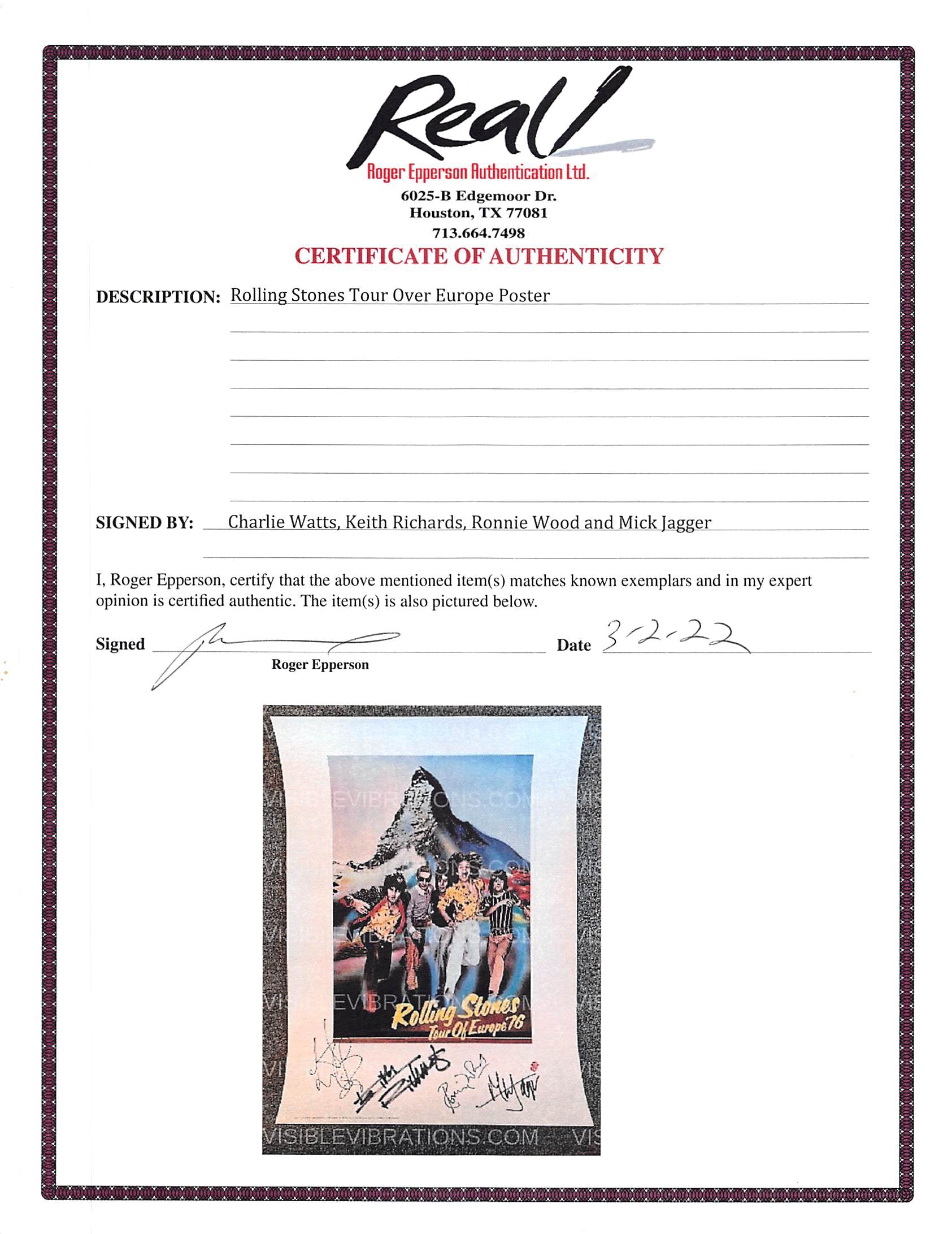 Rolling Stones (4) Jagger, Richards, Wood & Watts Signed 12x18 Framed Poster BAS
