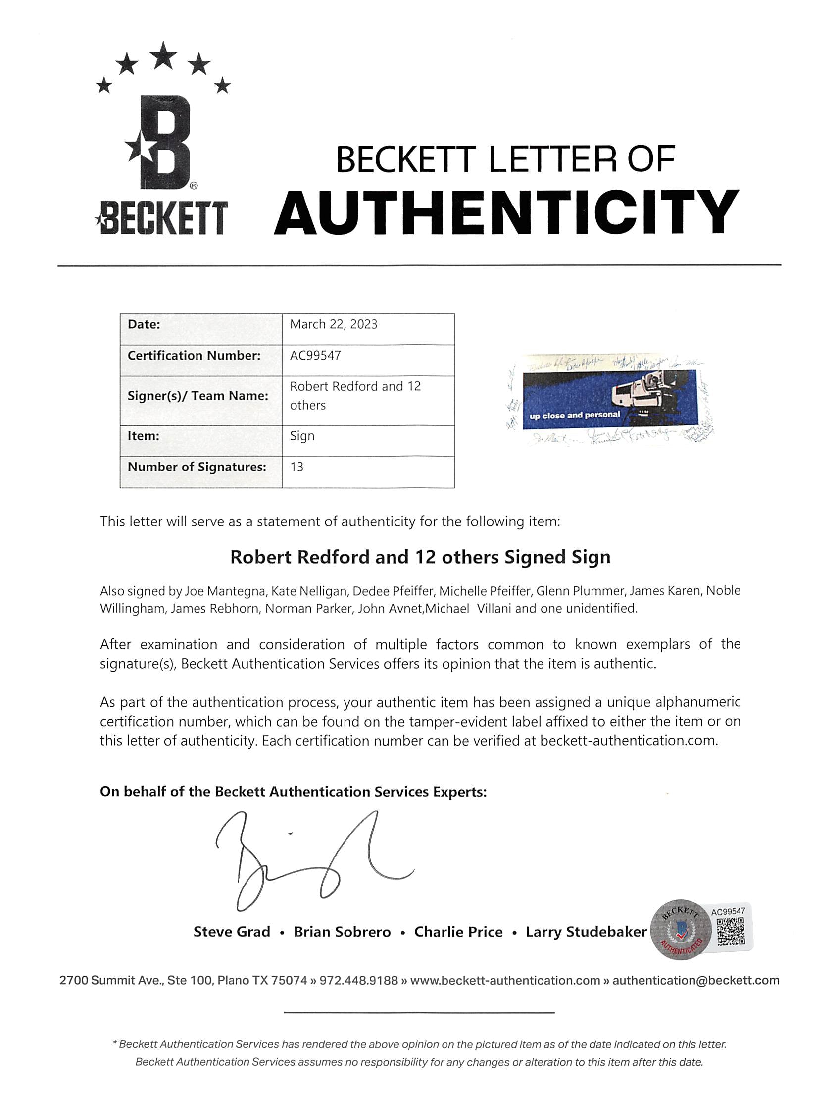 Up Close & Personal (13) Redford, Pfeiffer Signed 5x12 Placard Sign BAS #AC99547