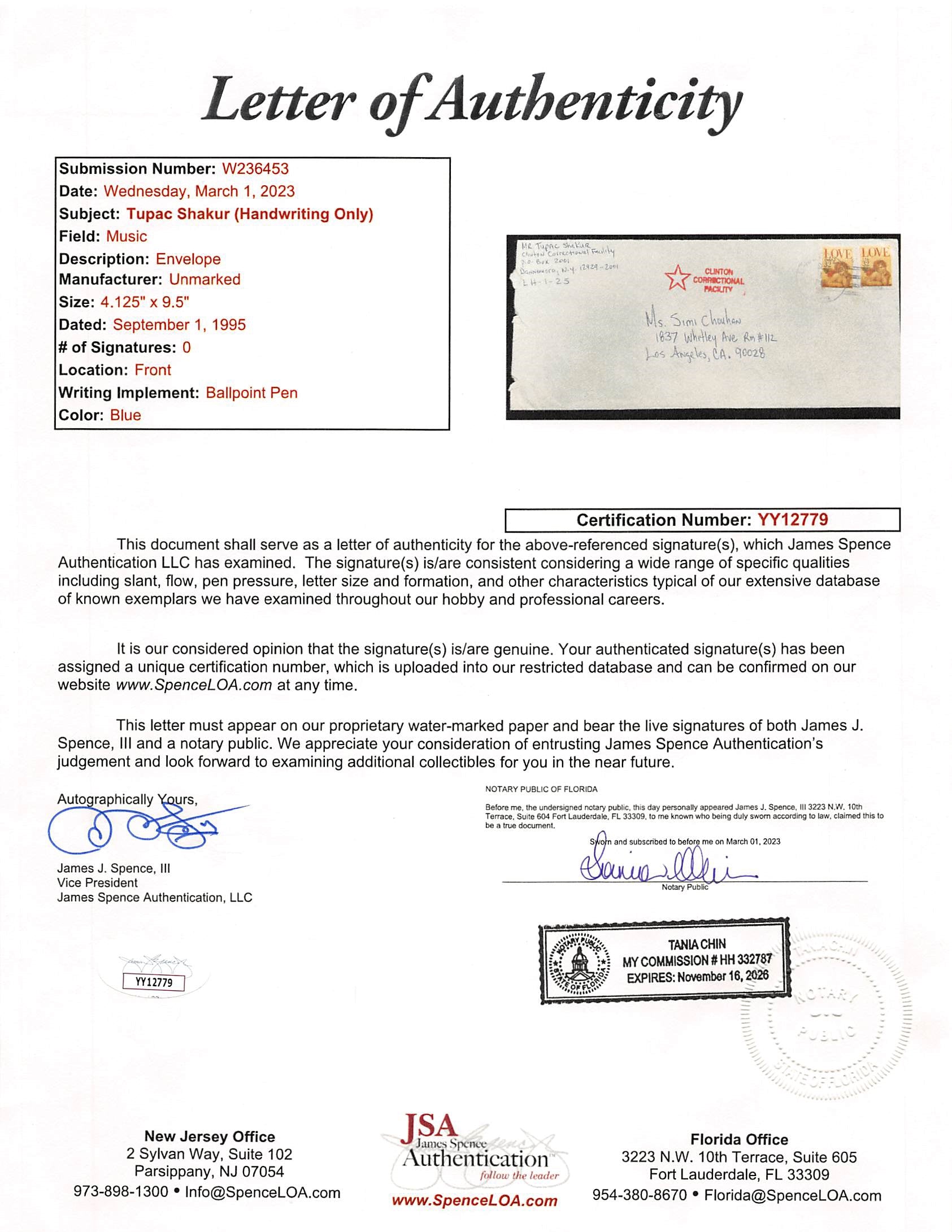 Tupac Shakur Signed 4x9.5 Clinton Correctional Facility Envelope JSA #YY12779