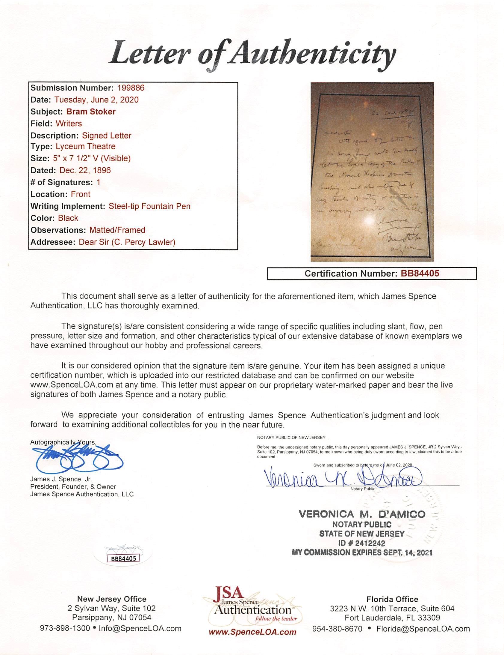 Bram Stoker Dracula Signed & Framed 5x7.5 1896 Handwritten Letter JSA #BB84405