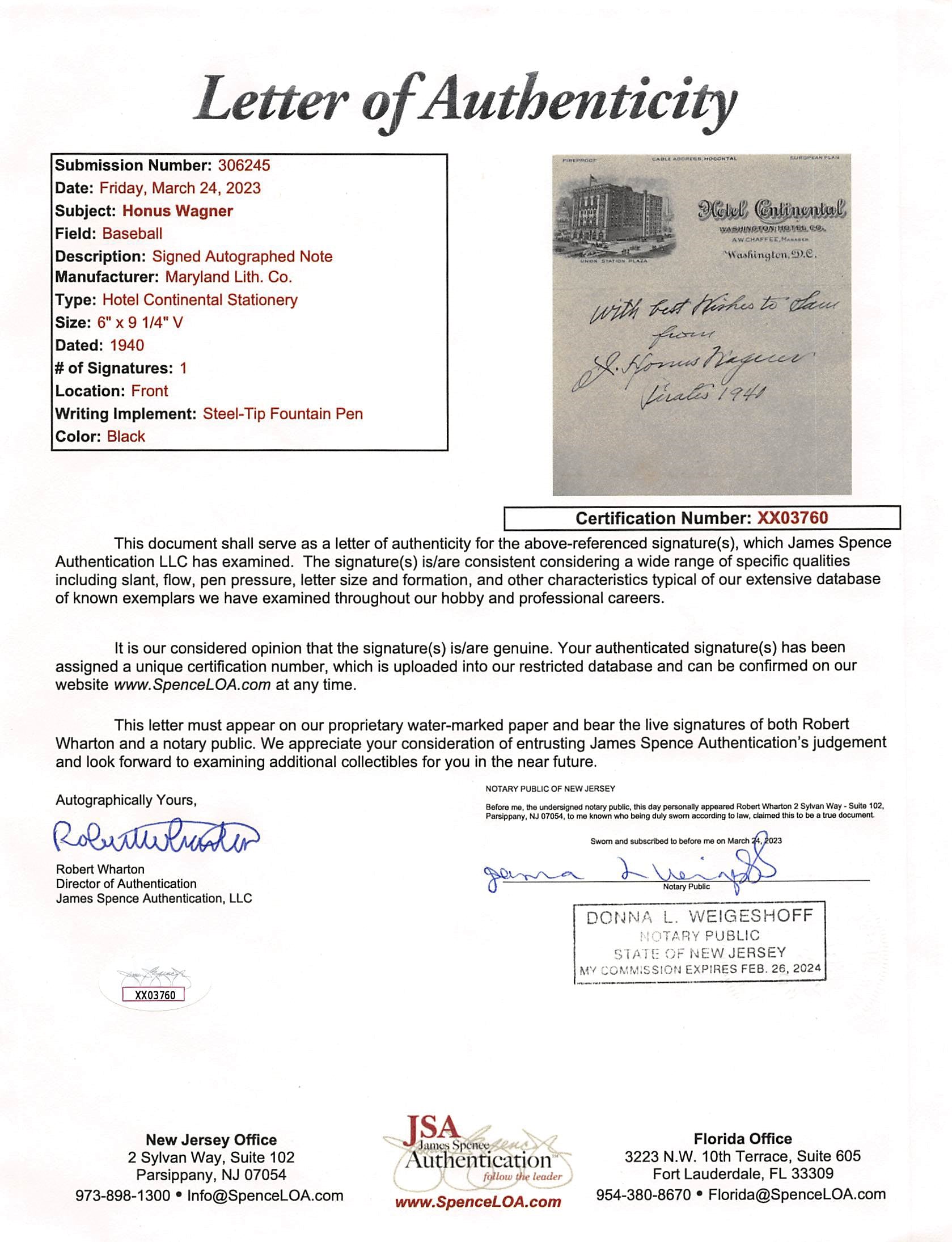Pirates Honus Wagner Authentic Signed 6x9.5 1940 Handwritten Letter JSA #XX03760