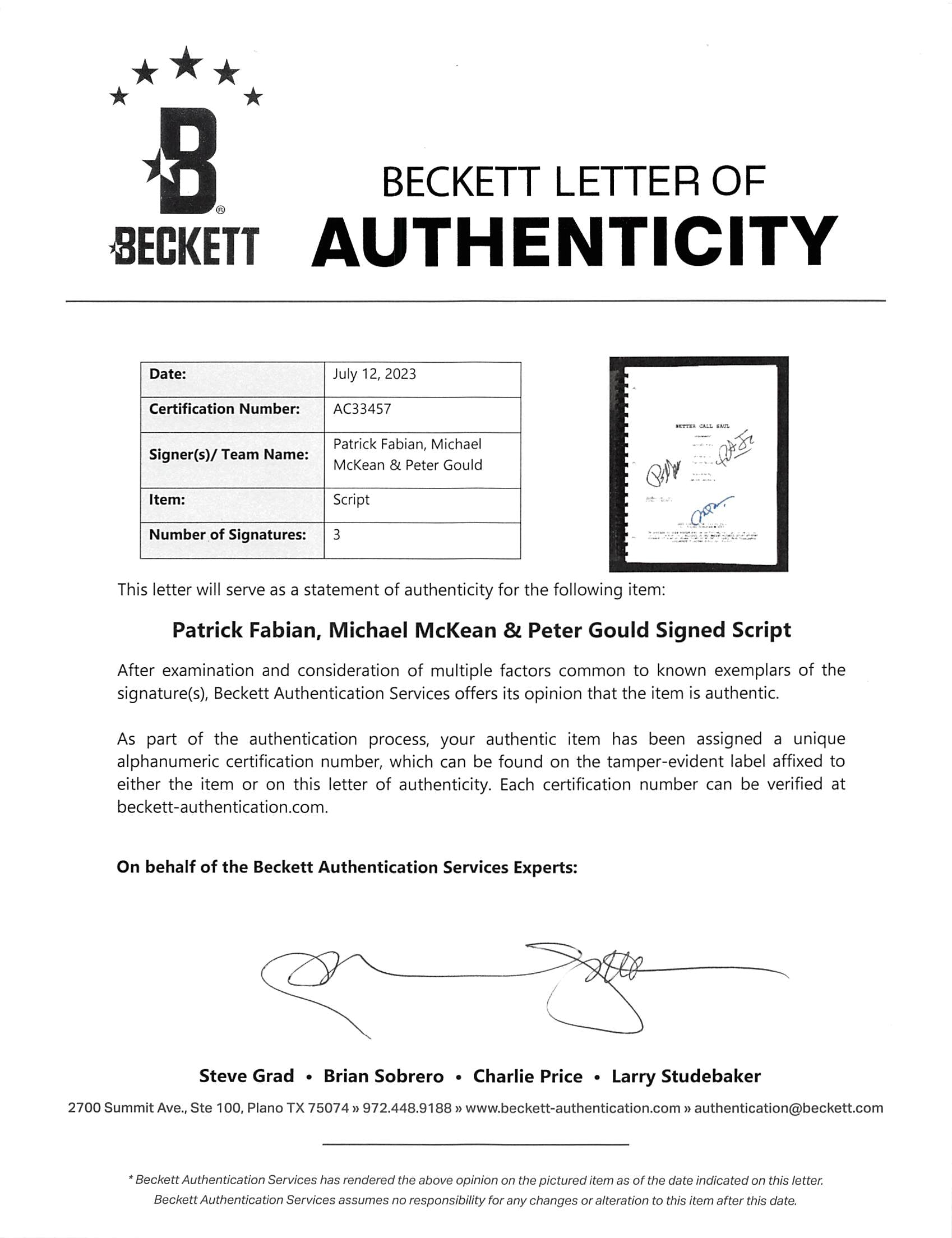 Better Call Saul Cast (3) Fabian, McKean, +1 Signed Movie Script BAS #AC33457
