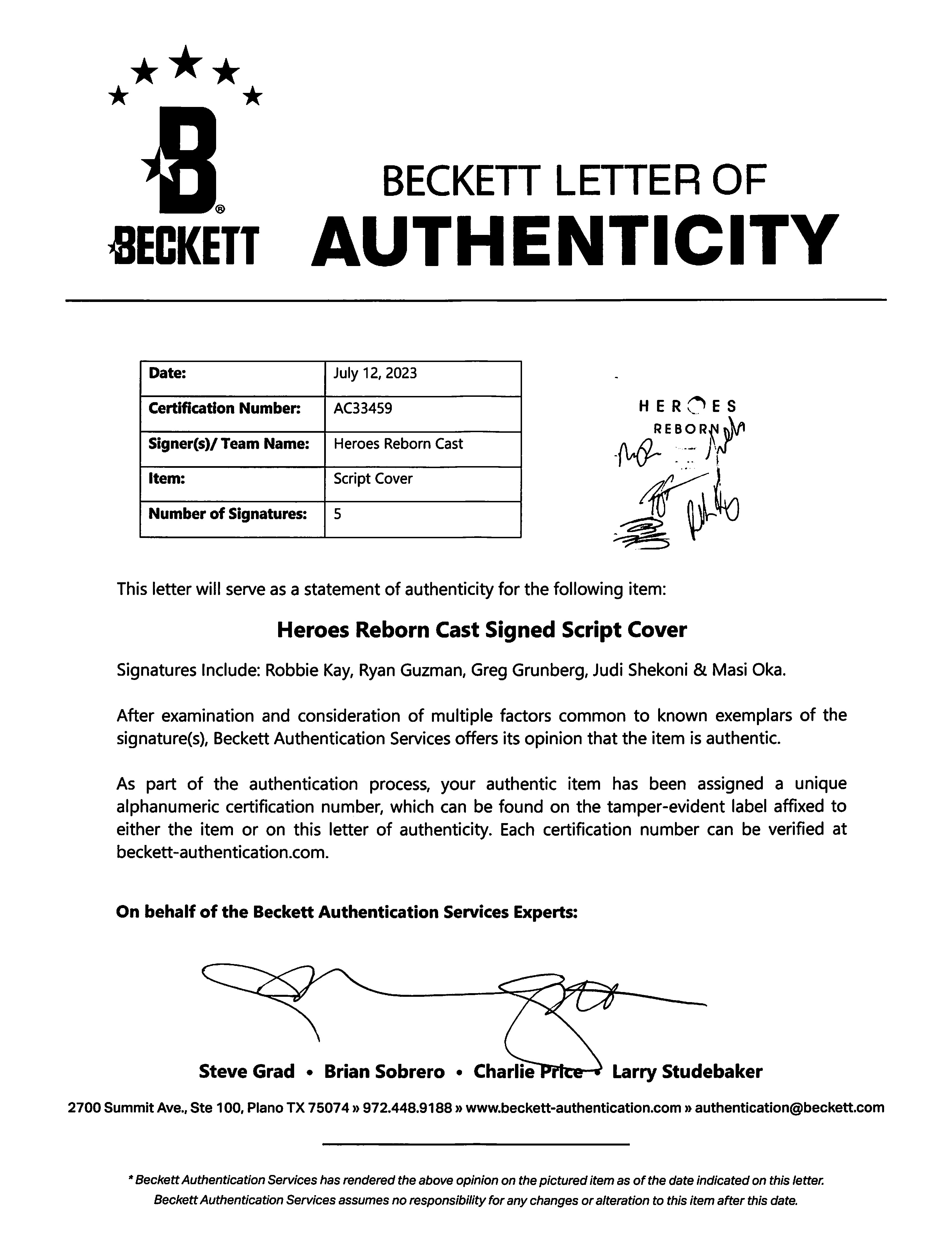 Heroes Reborn Cast (5) Kay, Guzman, Grunberg +2 Signed Script Cover BAS #AC33459