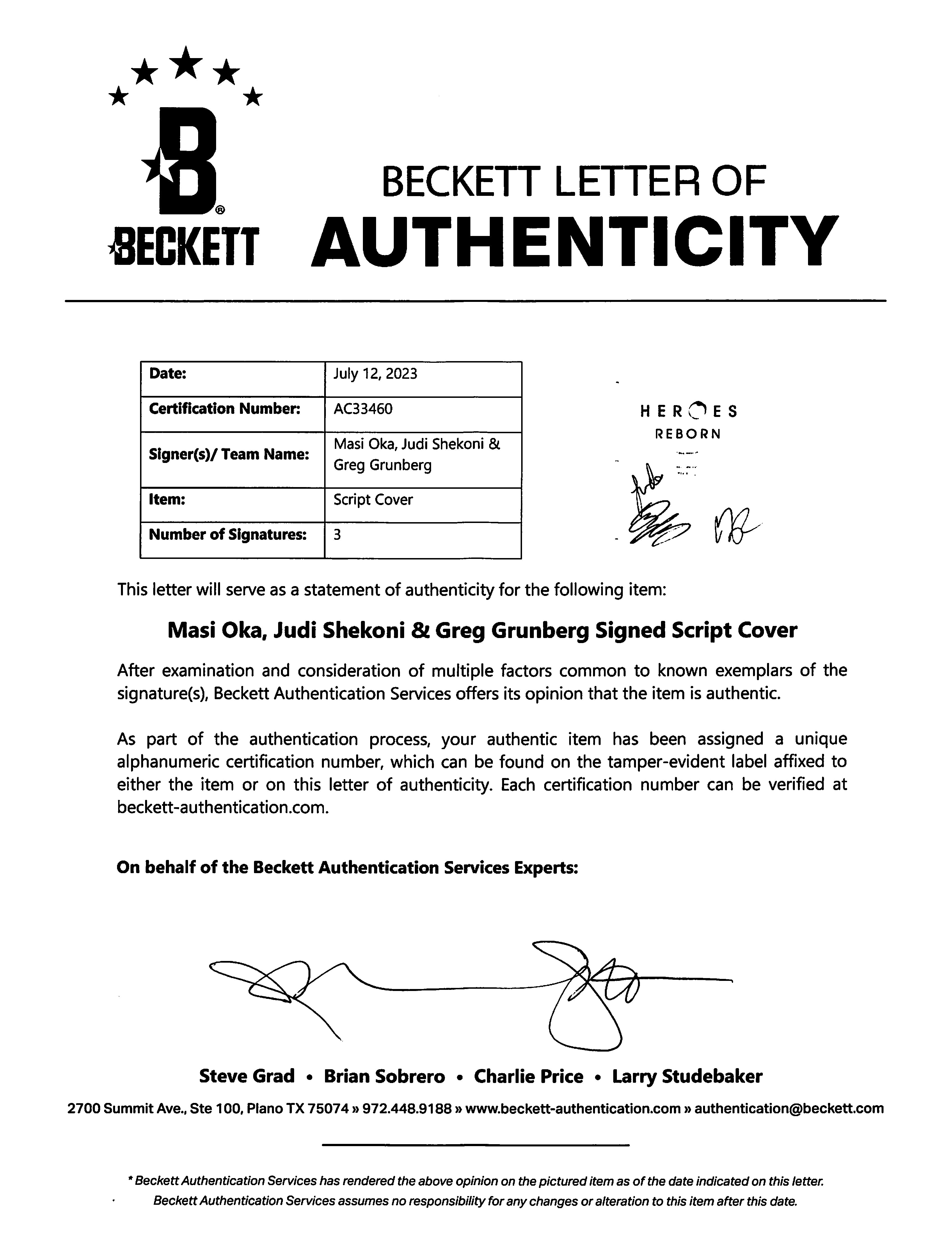 Heroes Reborn (3) Oka, Shekoni, & Grunberg Signed Script Cover BAS #AC33460