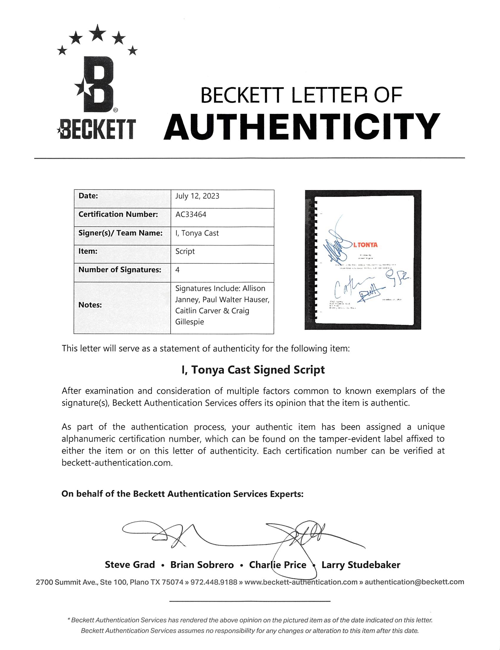 I, Tonya Cast (4) Janney, Hauser, Carver, +1 Signed Movie Script BAS #AC33464