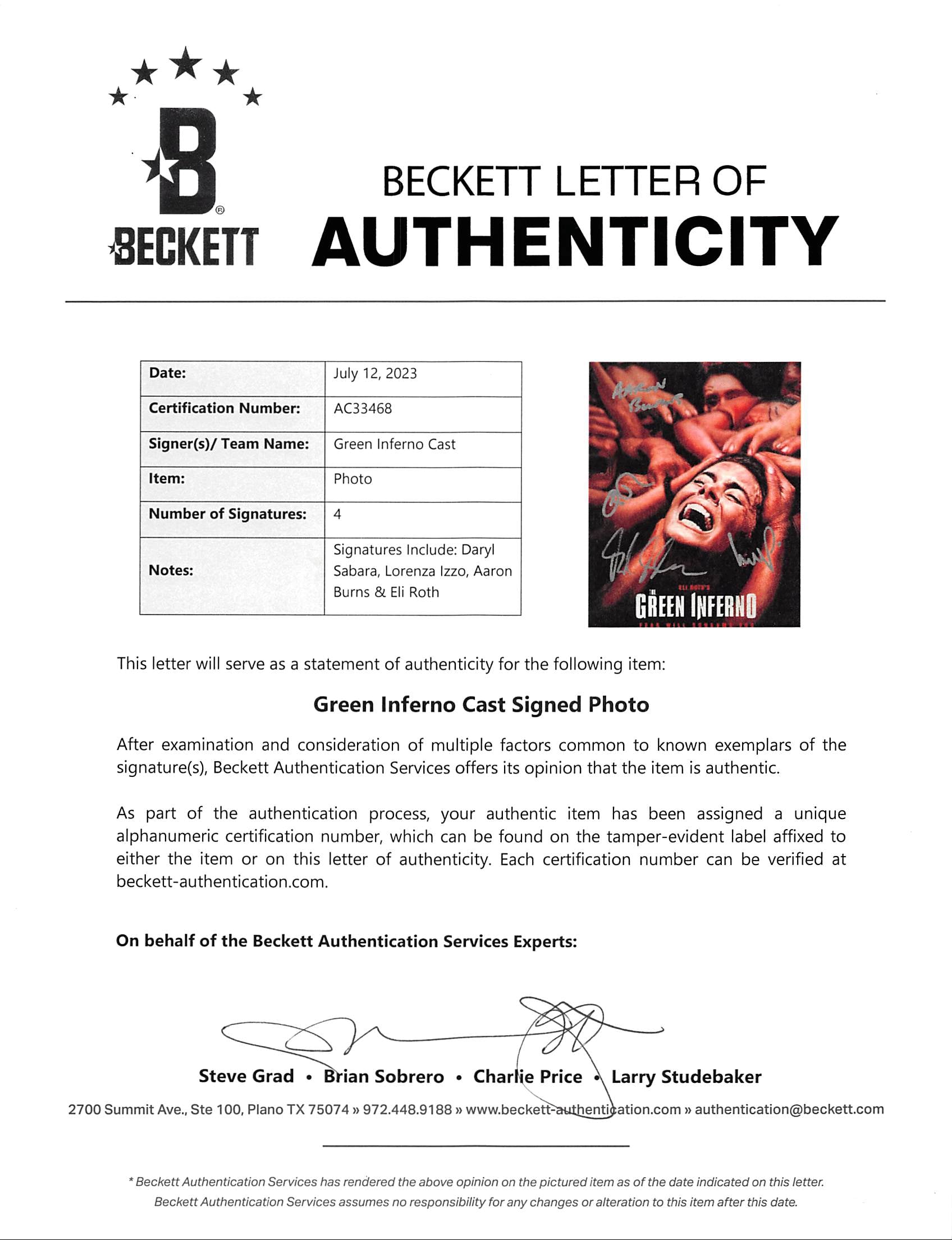 The Green Inferno (4) Sabara, Izzo, Burns & Roth Signed 8x10 Photo BAS #AC33468