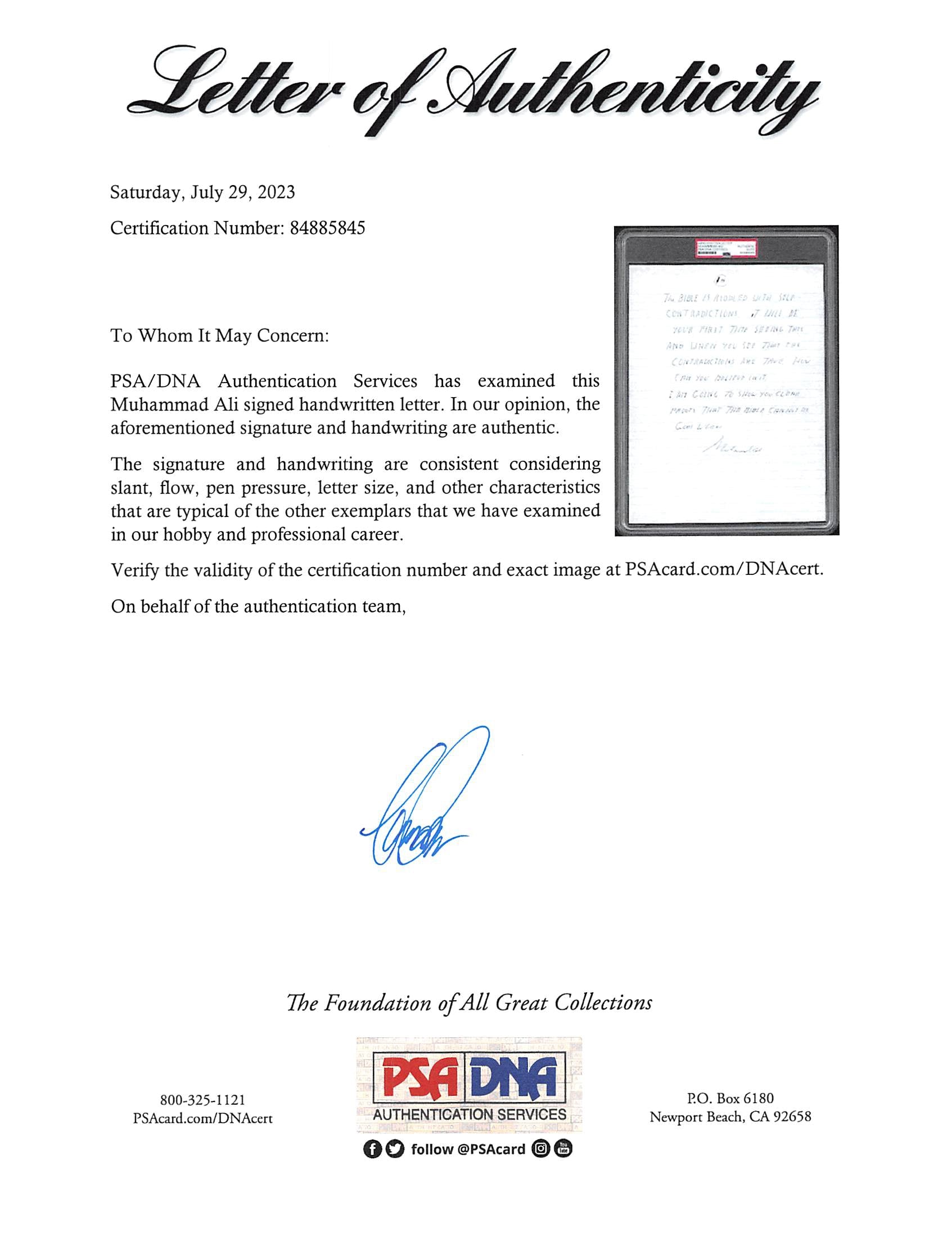 Muhammad Ali Authentic Signed 8.5x11 Handwritten Letter PSA/DNA Slabbed
