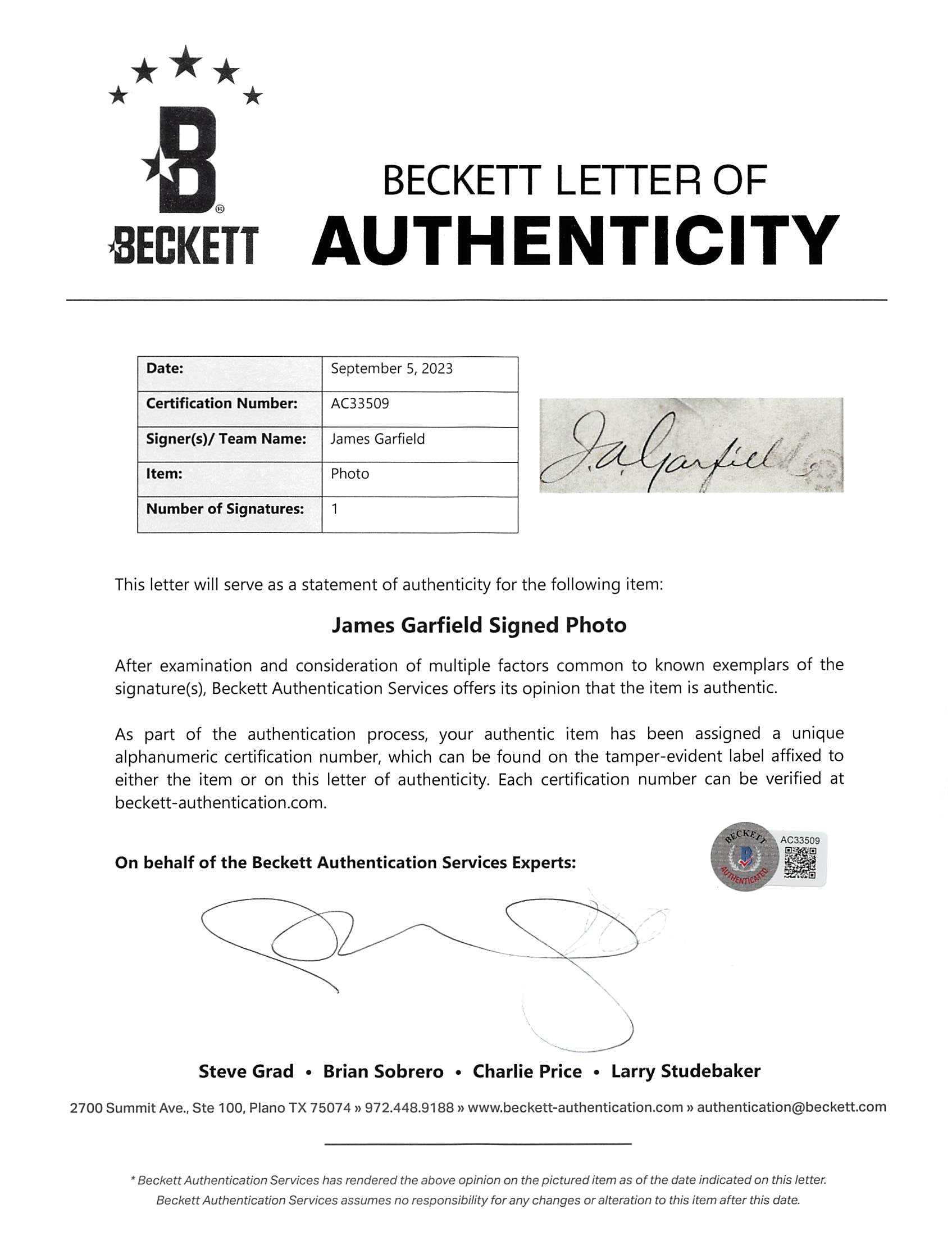 James Garfield Authentic Signed Framed 3.75x5.75 Portrait Photo BAS #AC33509