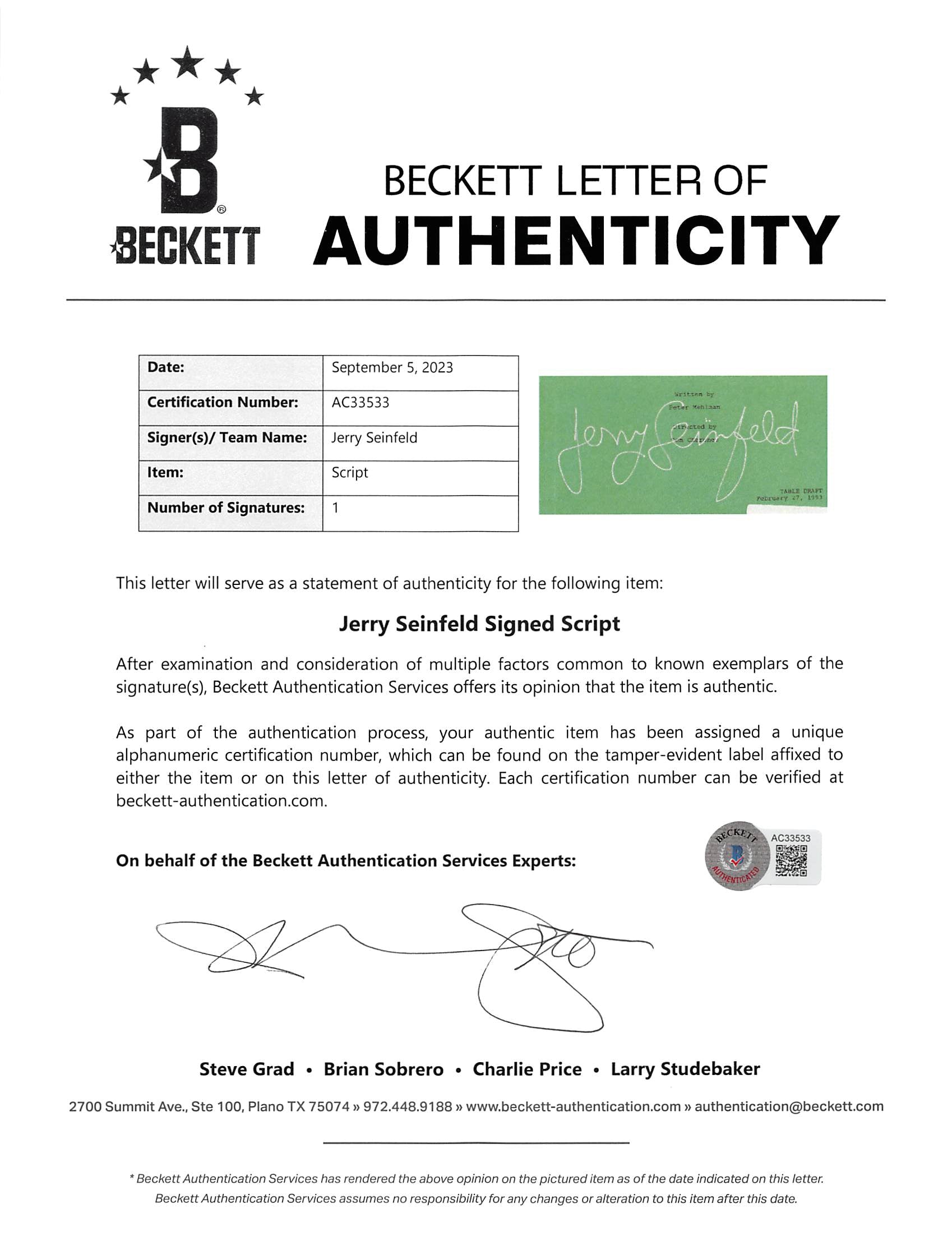 Jerry Seinfeld Seinfeld Signed Brad Bound "The Smelly Car" Tv Script BAS AC33533