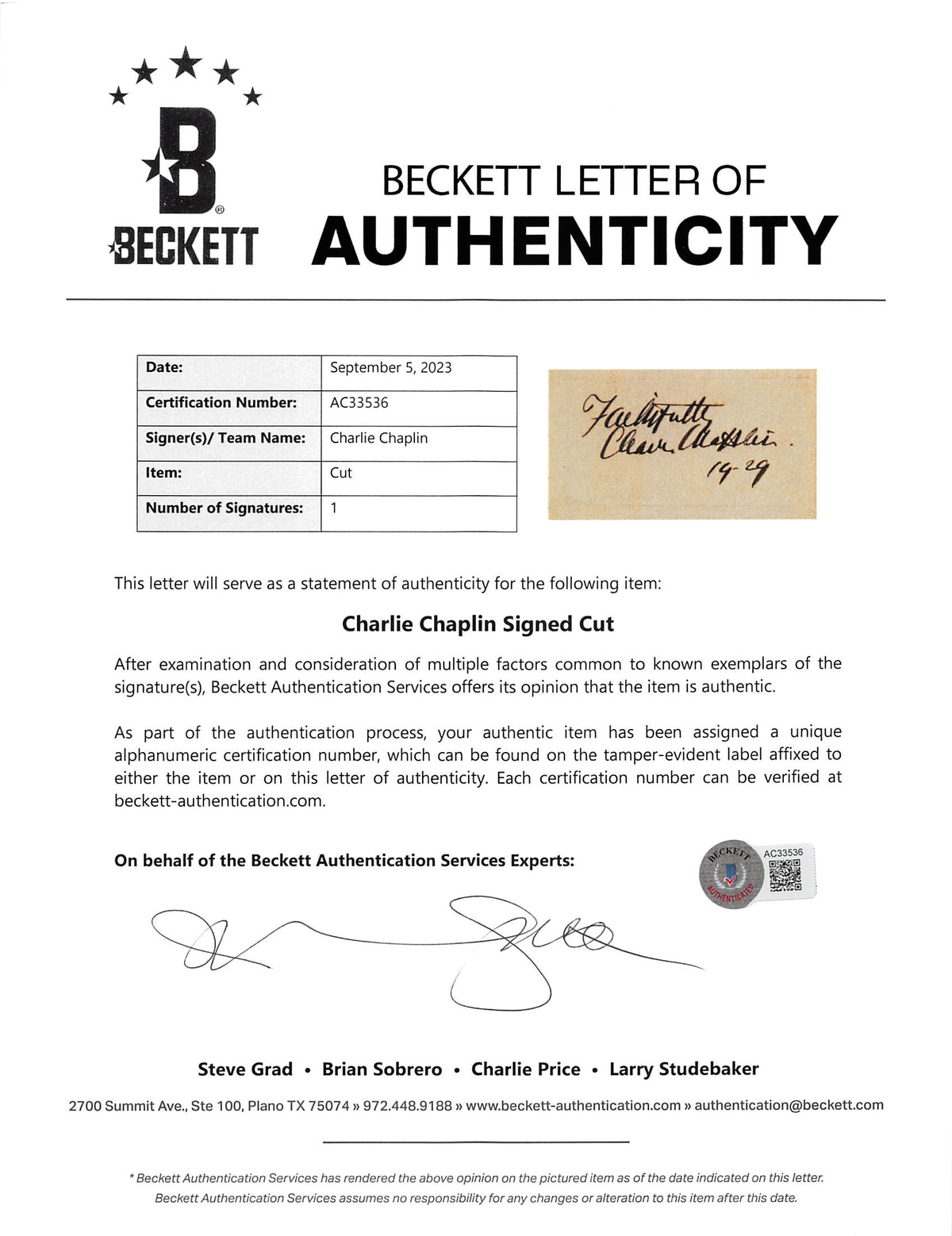 Charlie Chaplin Faithfully 19-29 Signed & Framed 2x4 Cut Signature BAS #AC33536