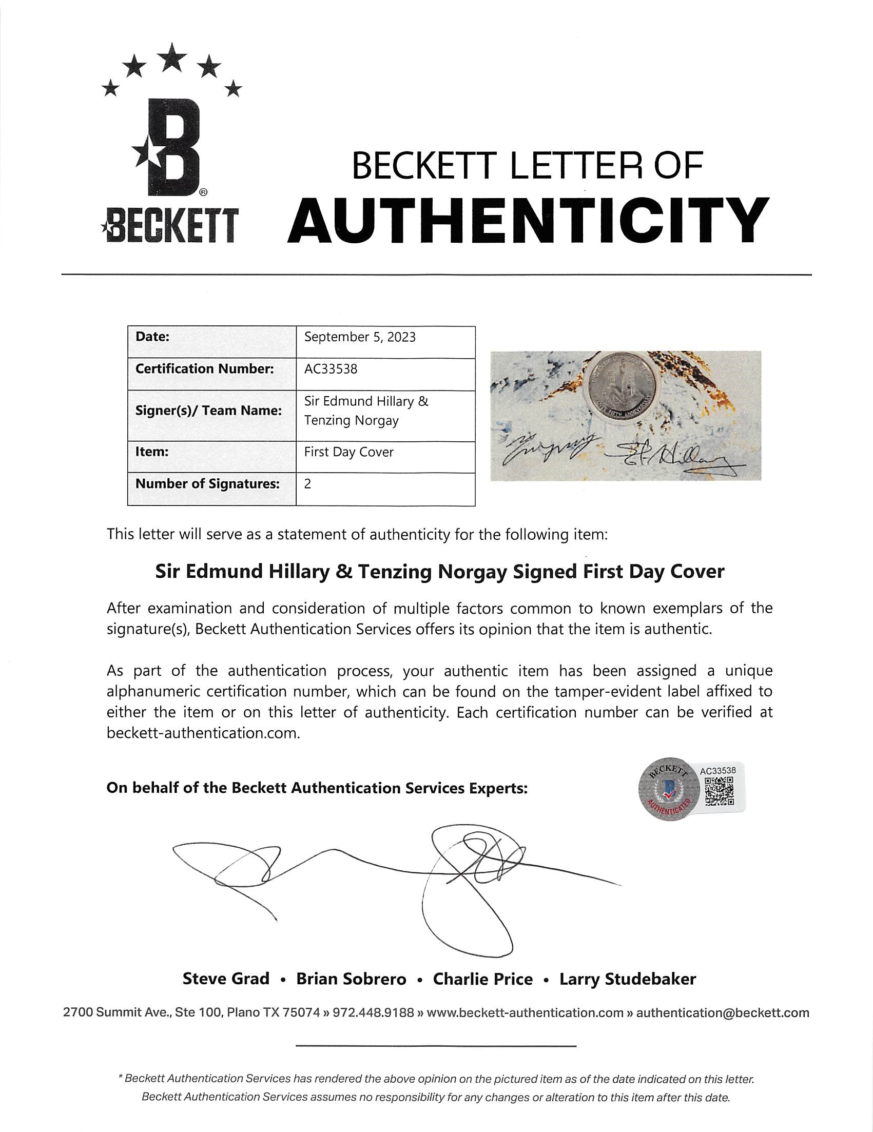 Sir Edmund Hillary & Tenzing Norgay Signed 25th Anniversary FDC Envelope BAS