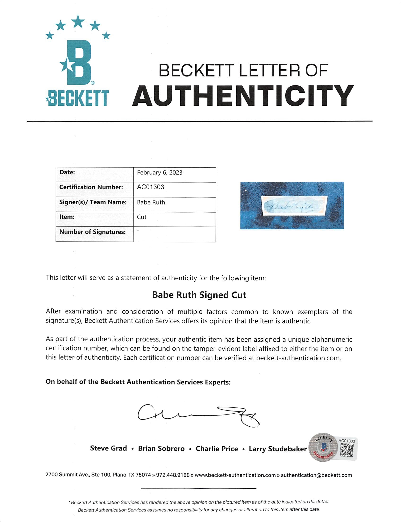 Yankees Babe Ruth Authentic Signed & Framed 1x2.5 Cut Signature BAS #AC01303