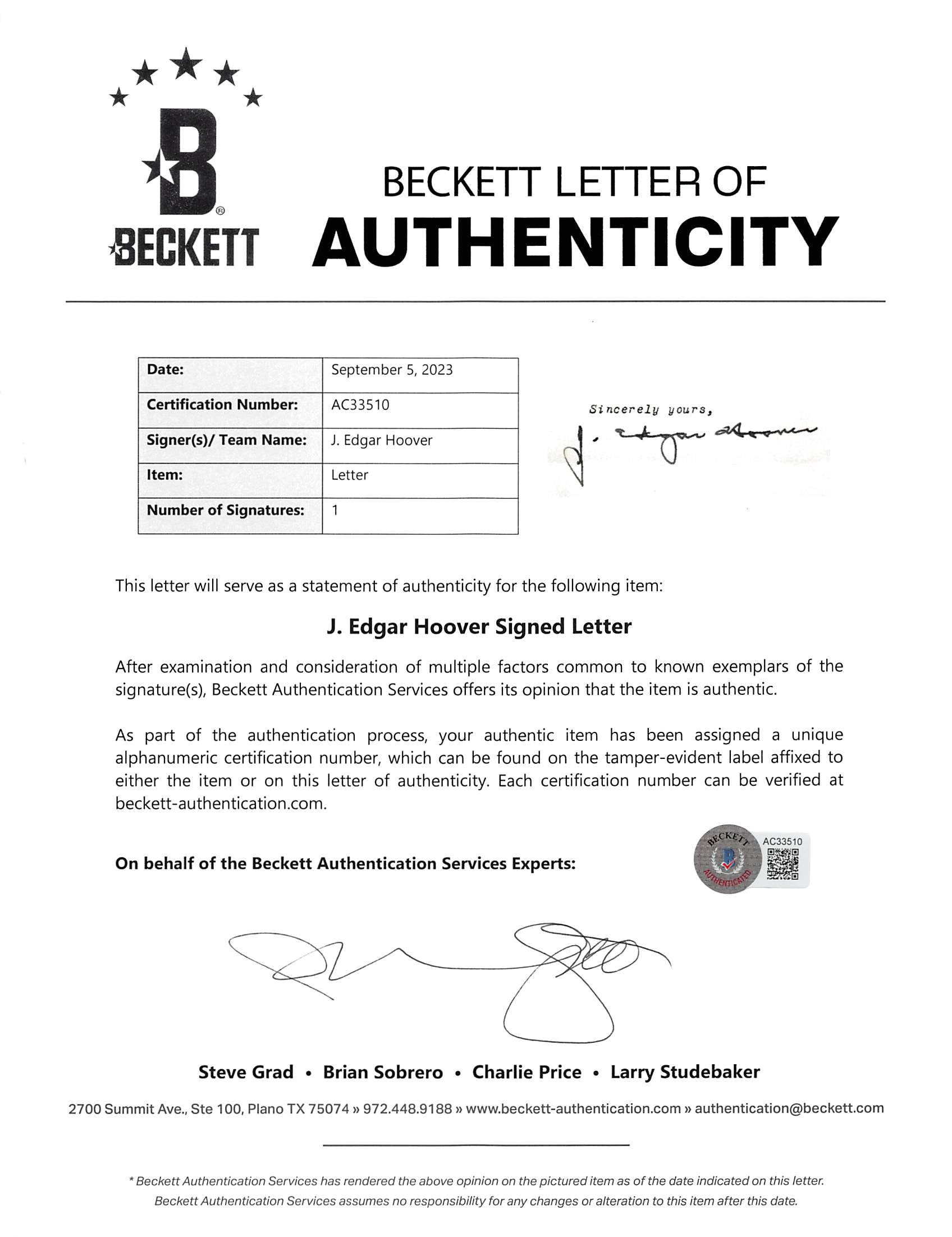 J. Edgar Hoover & Jimmy Hoffa Signed 8.5x11 Typed Letters Framed Display BAS