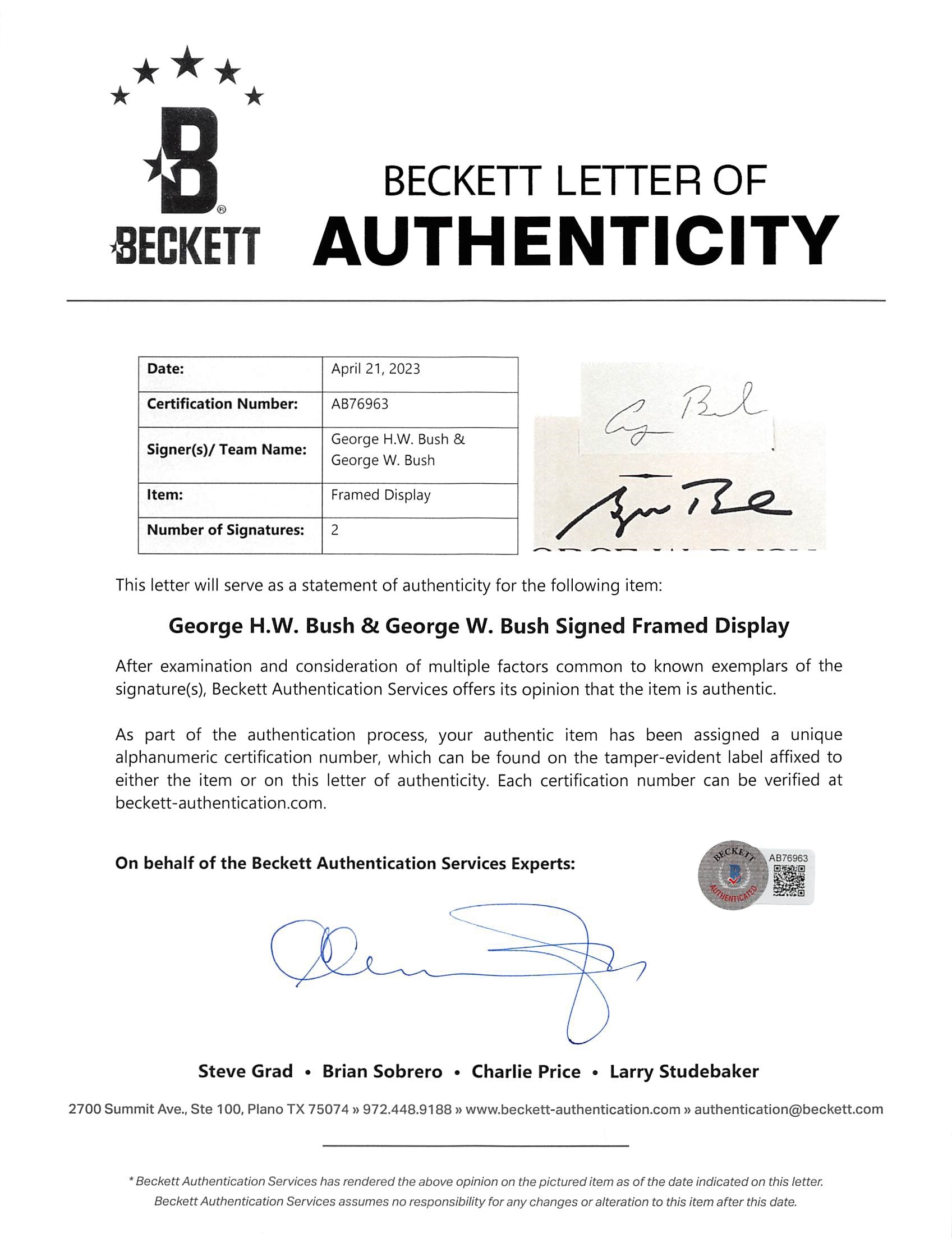 George H.W. Bush & George W. Bush Signed Cut Sig Framed Display BAS #AB76963