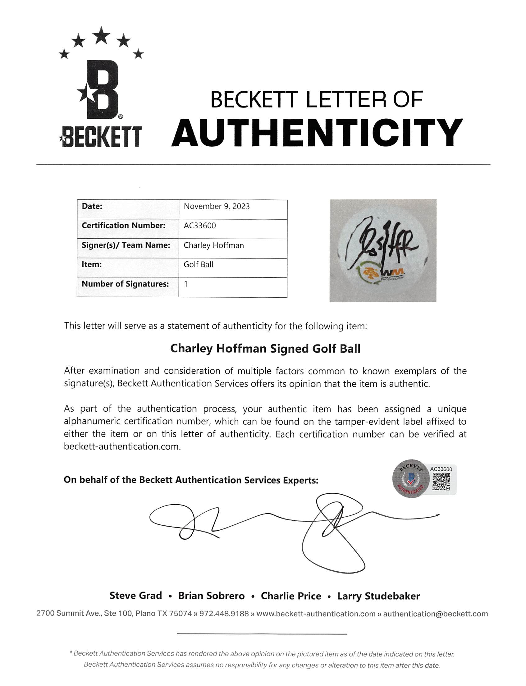 Charley Hoffman Signed Bridgestone WM Open Logo Golf Ball BAS #AC33600