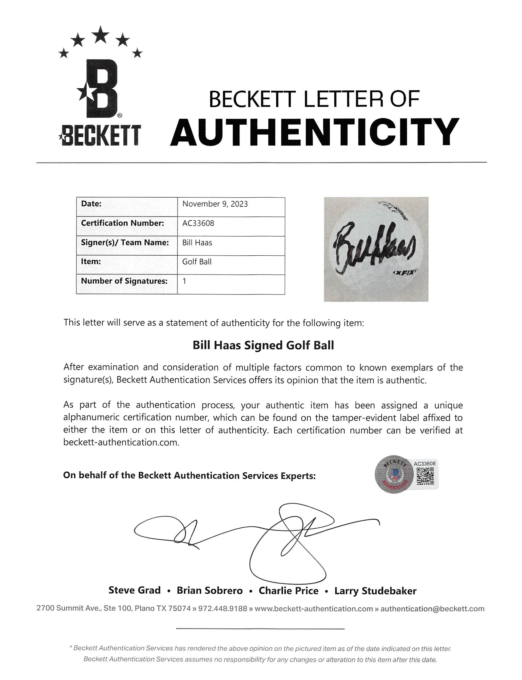 Bill Haas Authentic Signed Bridgestone WM Open Logo Golf Ball BAS #AC33608