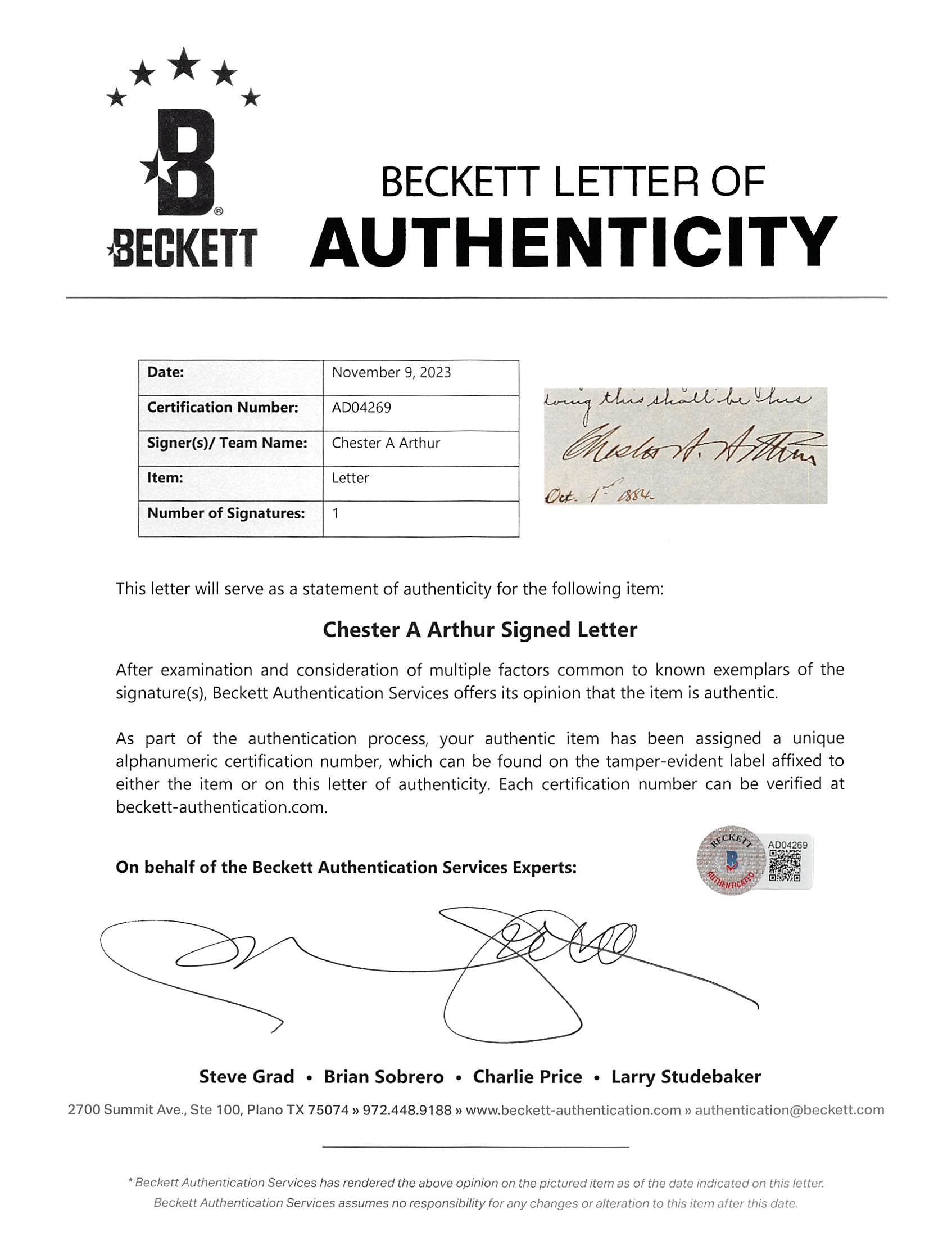 Chester A. Arthur Authentic Signed 8x10 1884 Letter BAS #AD04269