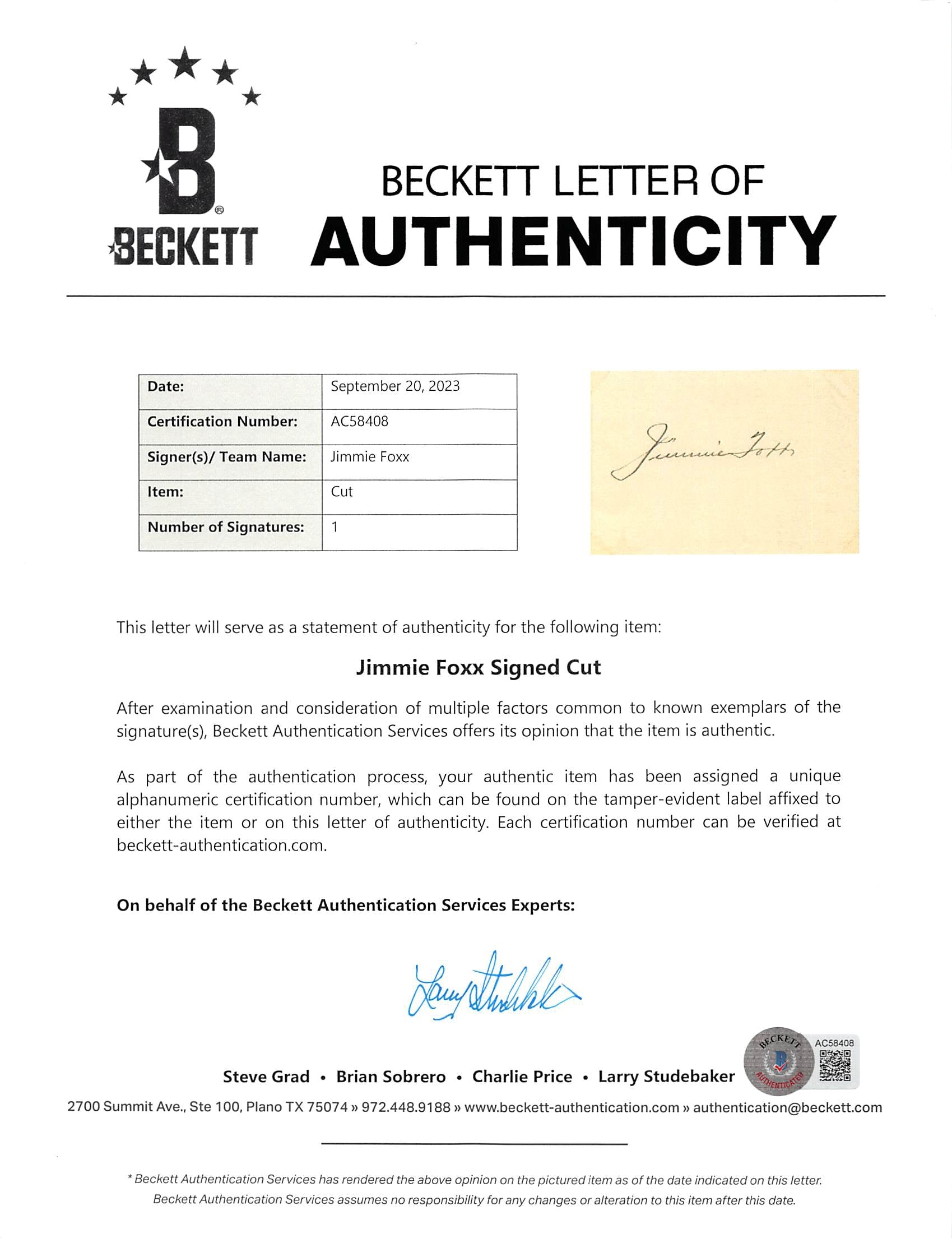 Red Sox Jimmie Foxx Authentic Signed Cut Signature Autographed BAS #AC58408