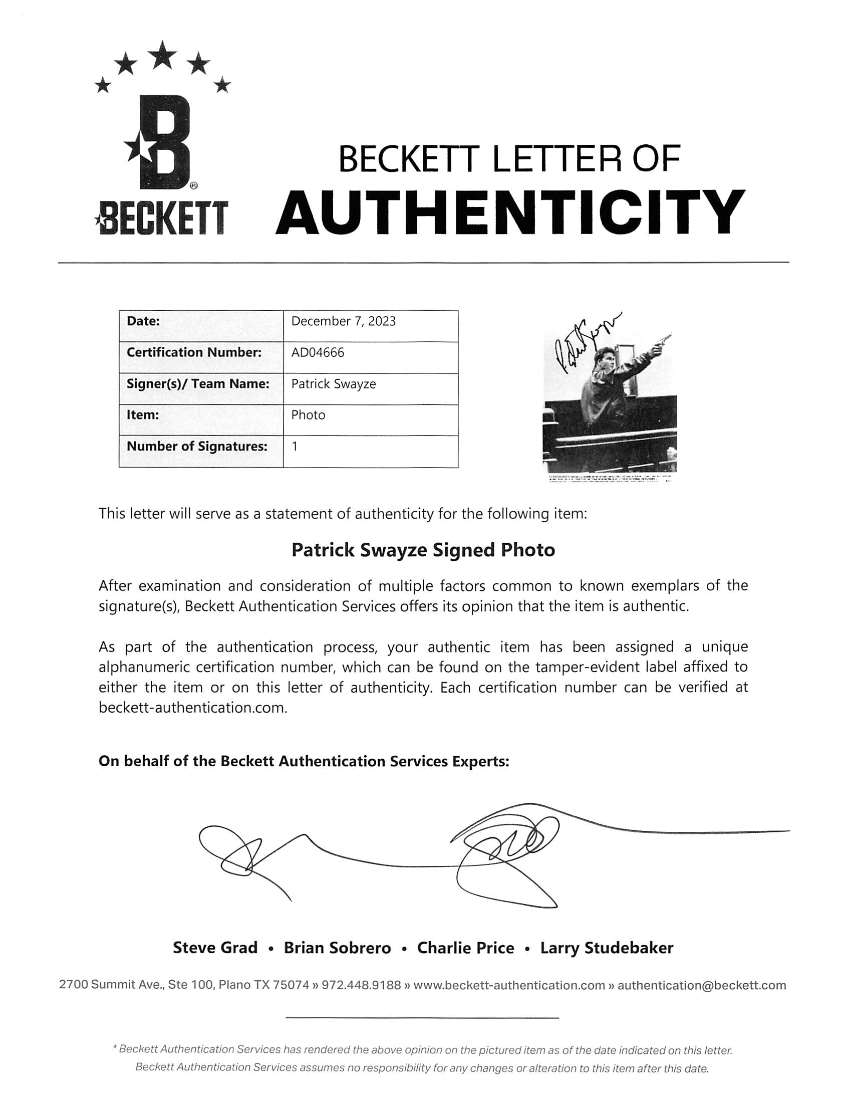 Patrick Swayze Next Of Kin Authentic Signed 8x10 B&W Photo BAS #AD04666