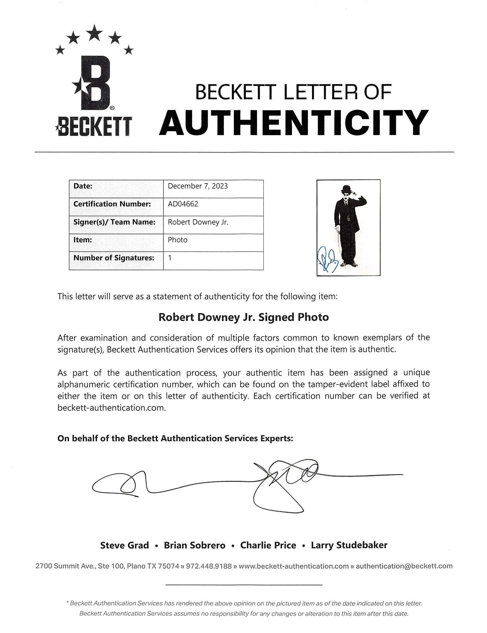 Robert Downey Jr. Chaplin Authentic Signed 8x10 Black & White Photo BAS #AD04662