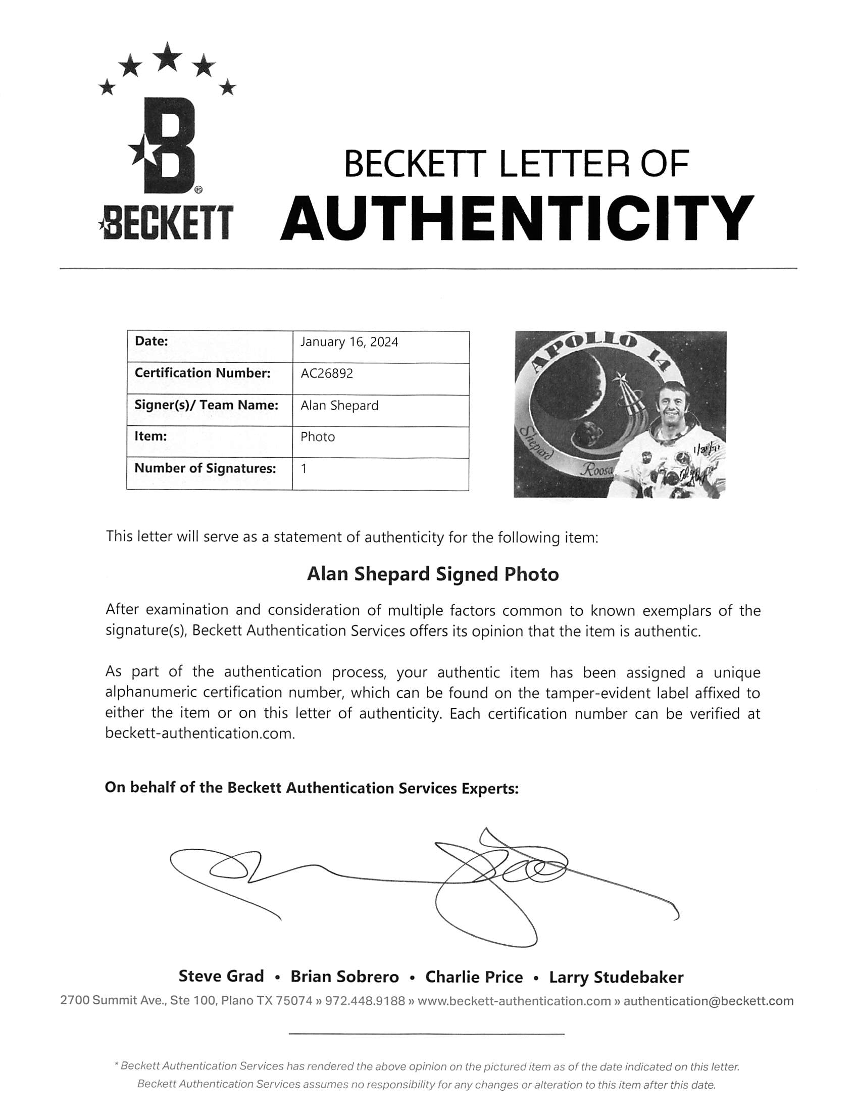 Alan Shepard Apollo 14 Authentic Signed 8x10 Black & White Photo BAS #AC26892