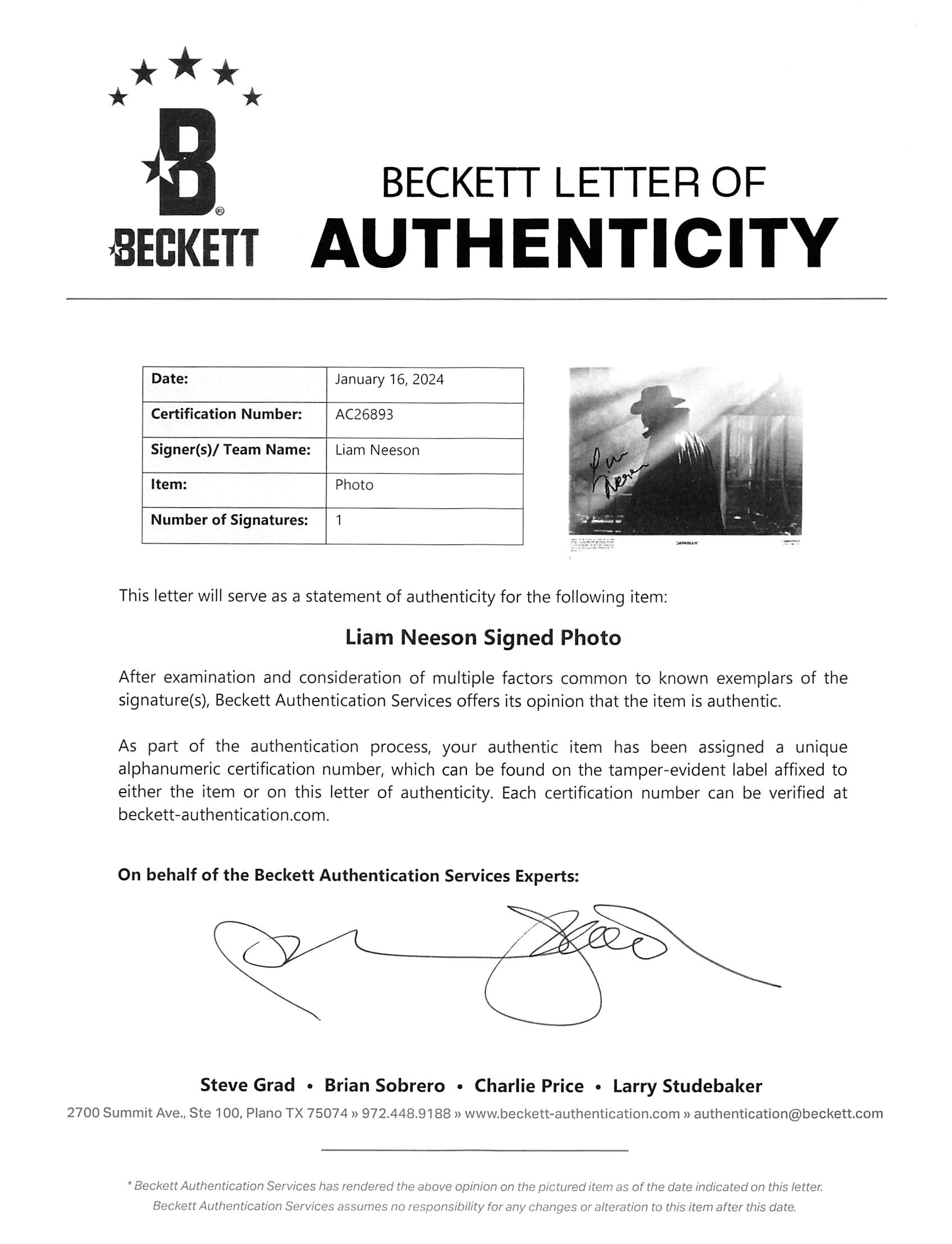 Liam Neeson Darkman Authentic Signed 8x10 Photo Autographed BAS #AC26893