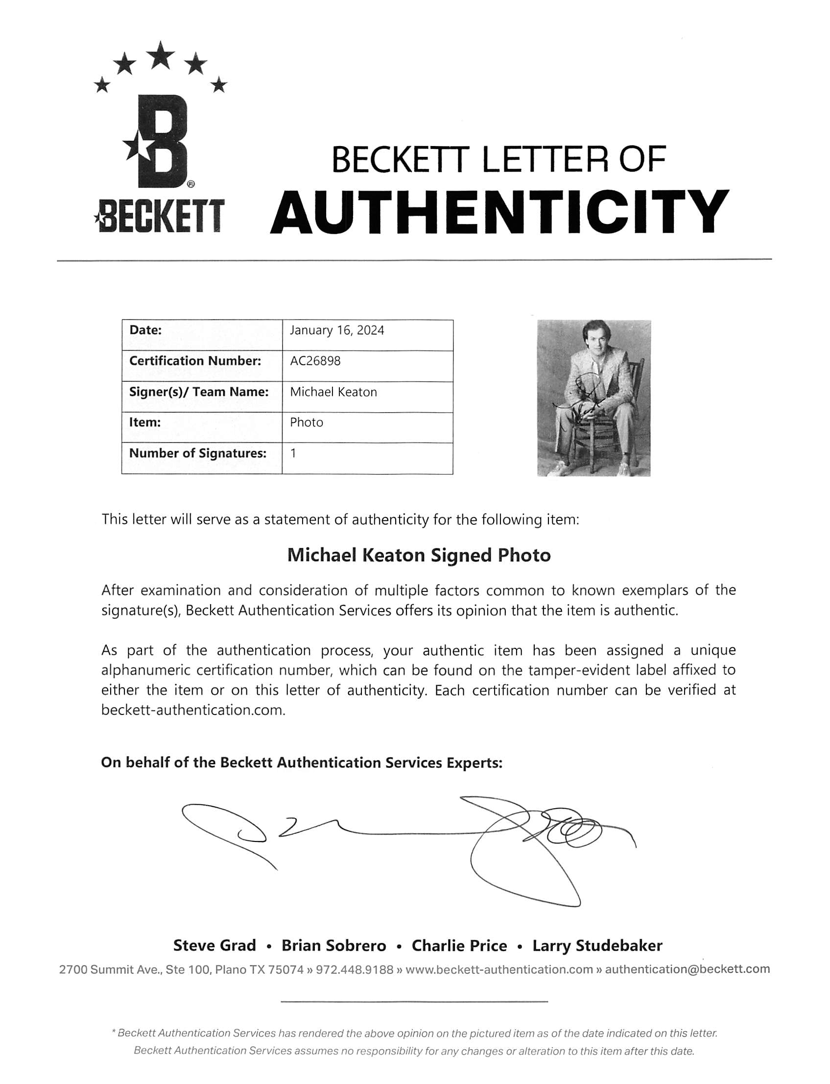 Michael Keaton Batman Authentic Signed 8x10 Photo Autographed BAS #AC26898