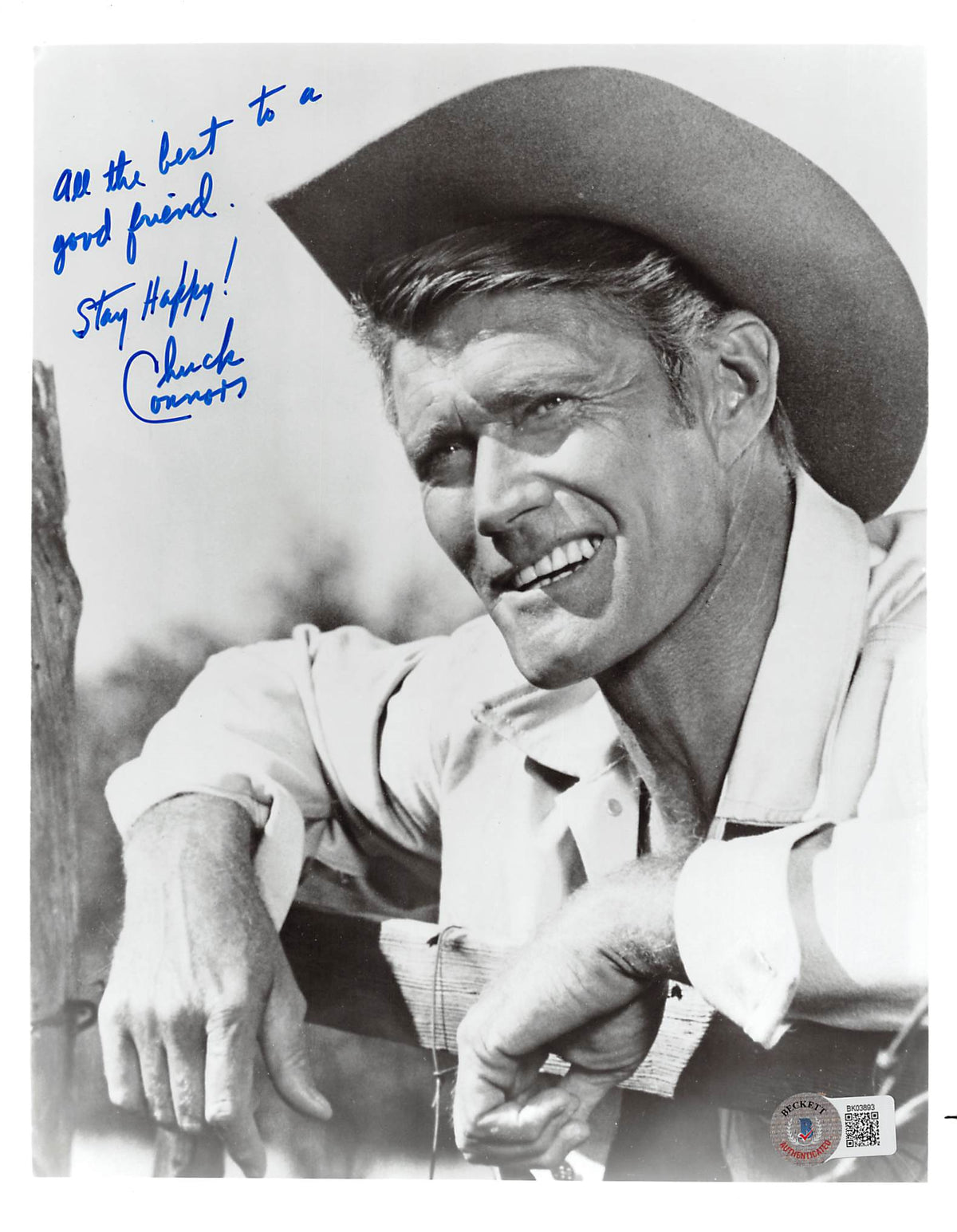Chuck Connors The Rifleman "Stay Happy!" Signed 8x10 Photo BAS #BK03893