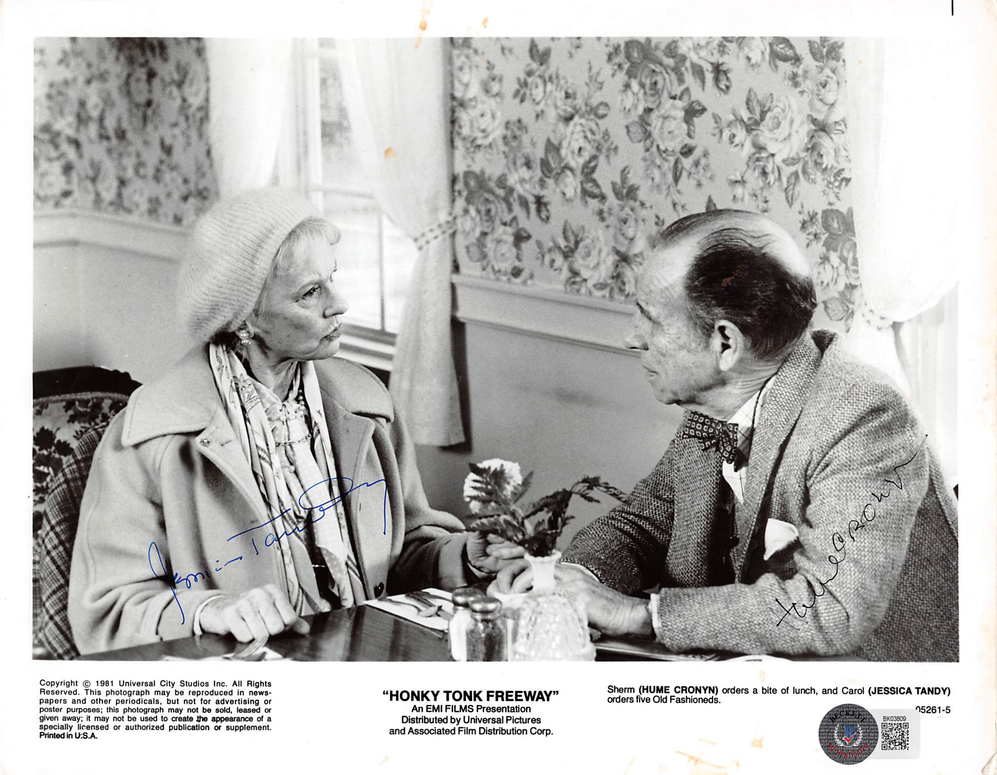 Jessica Tandy & Hume Cronyn Honky Tonk Freeway Signed 8x10 Photo BAS #BK03809