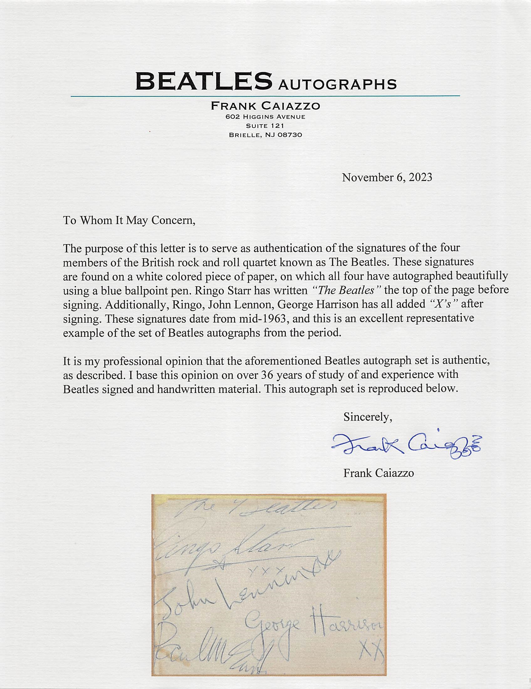 Beatles (4) Lennon, Harrison, McCartney & Starr Signed 3.35x4 Cut BAS Slabbed