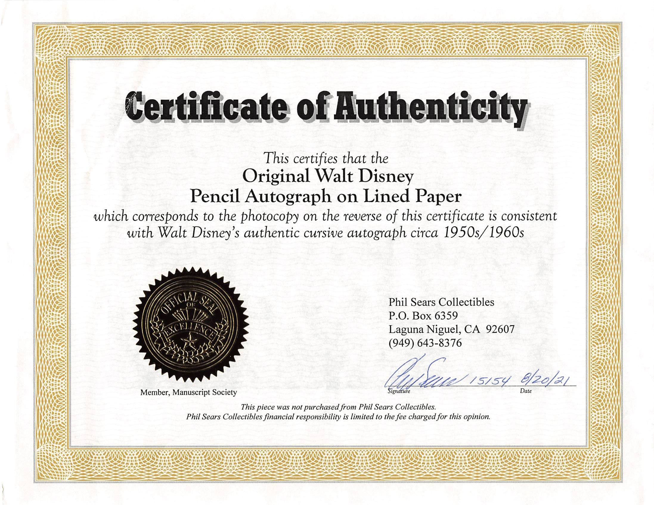 Walt Disney Authentic Signed 2.75x4.25 Cut Signature Sears LOA & PSA/DNA Slabbed