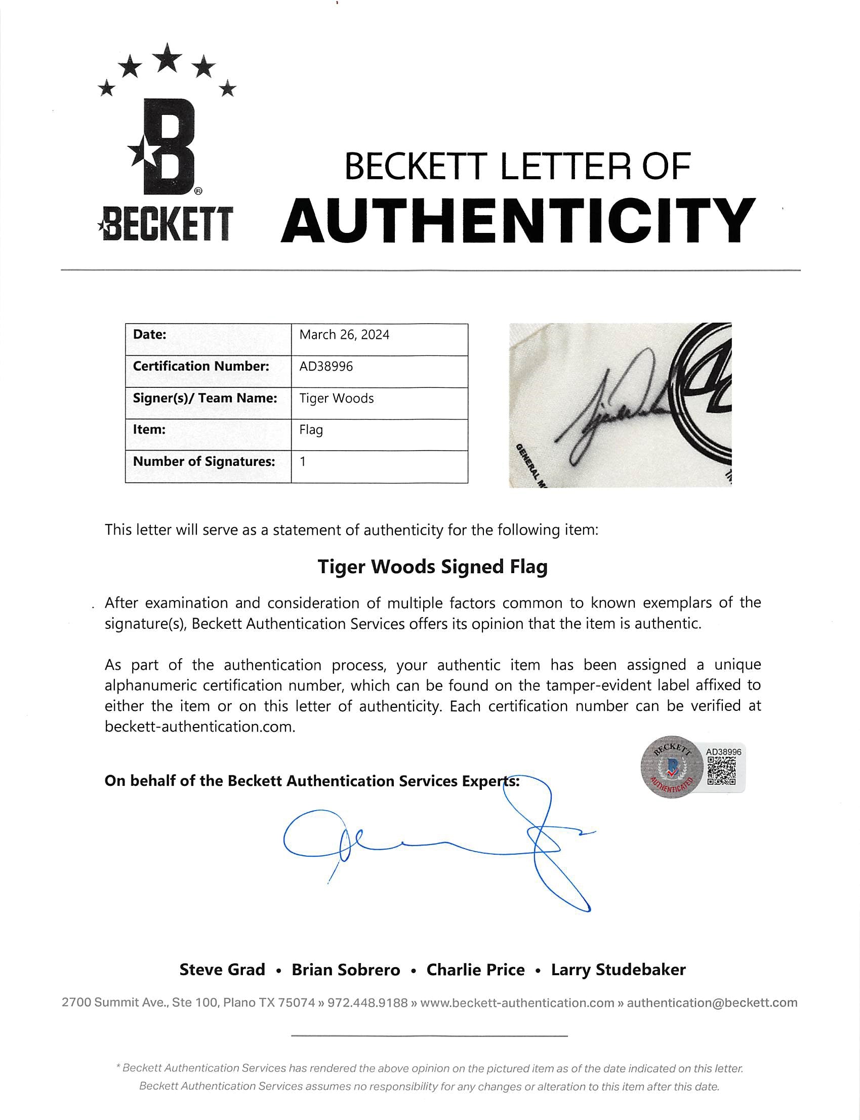 Tiger Woods Authentic Signed Buick Invitational Golf Pin Flag BAS #AD33996