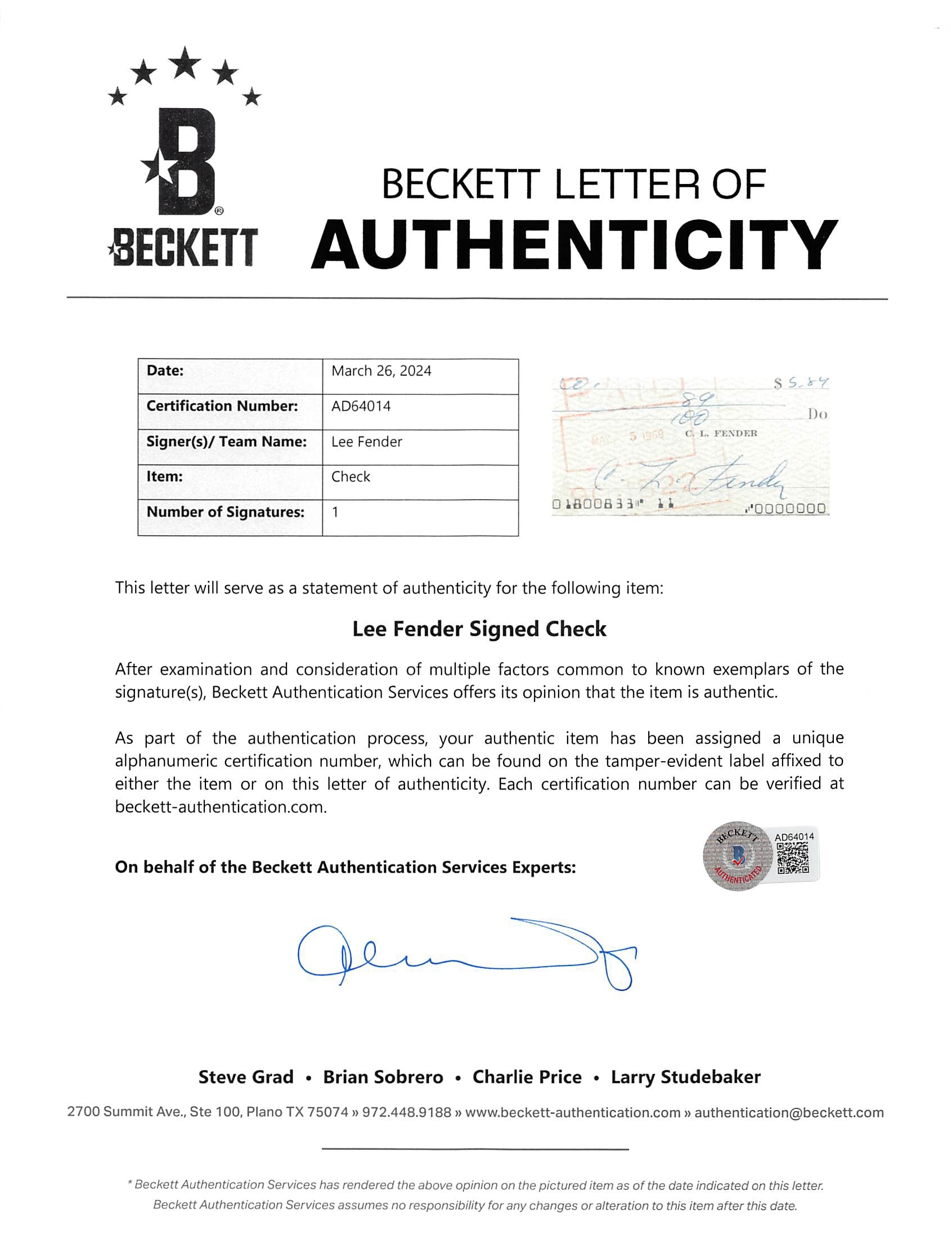 Leo Fender Authentic Signed & Framed 3x8 Check Dated April 27, 1969 BAS #AD64014