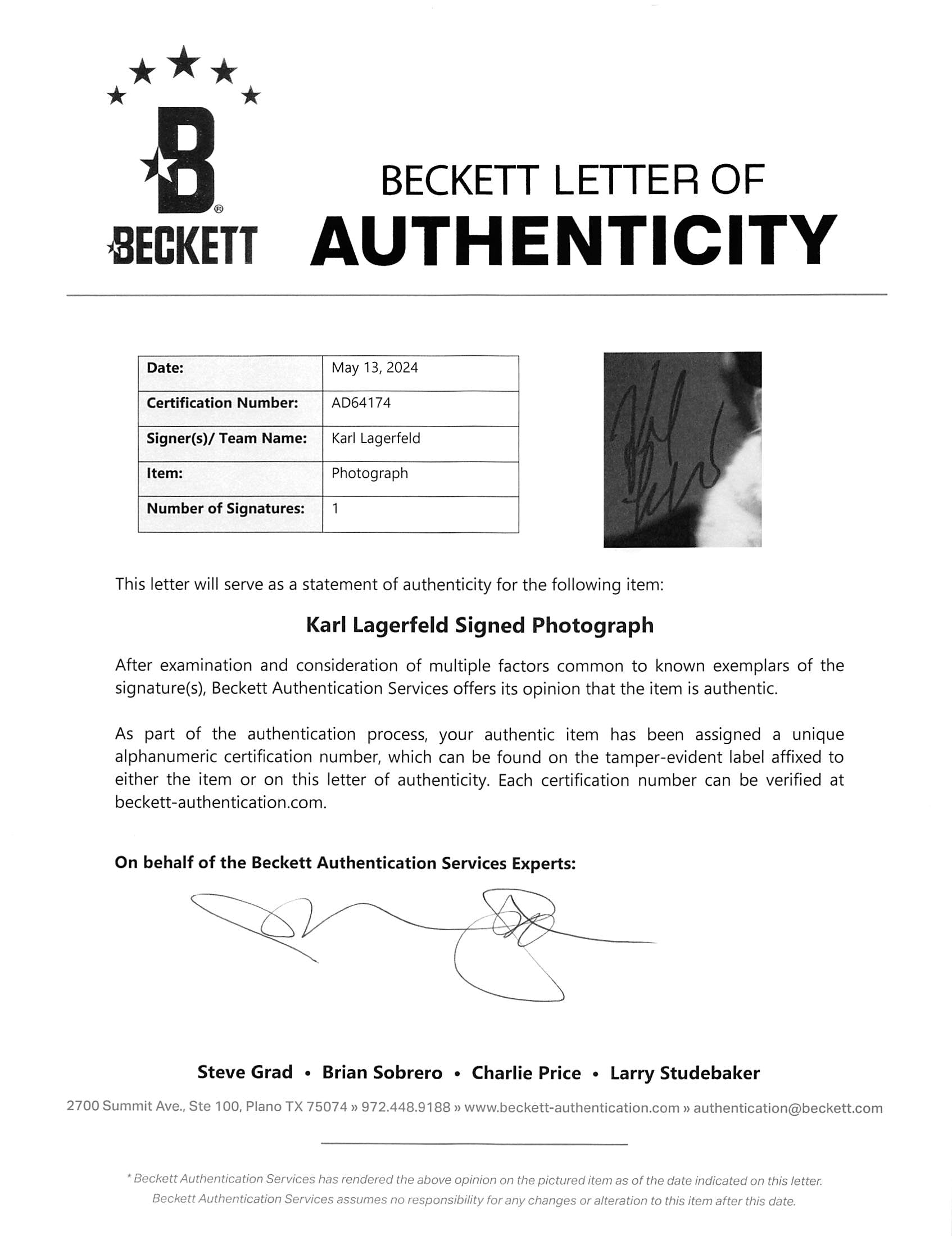 Karl Lagerfeld Designer Authentic Signed 8x10 Photo Autographed BAS #AD64174