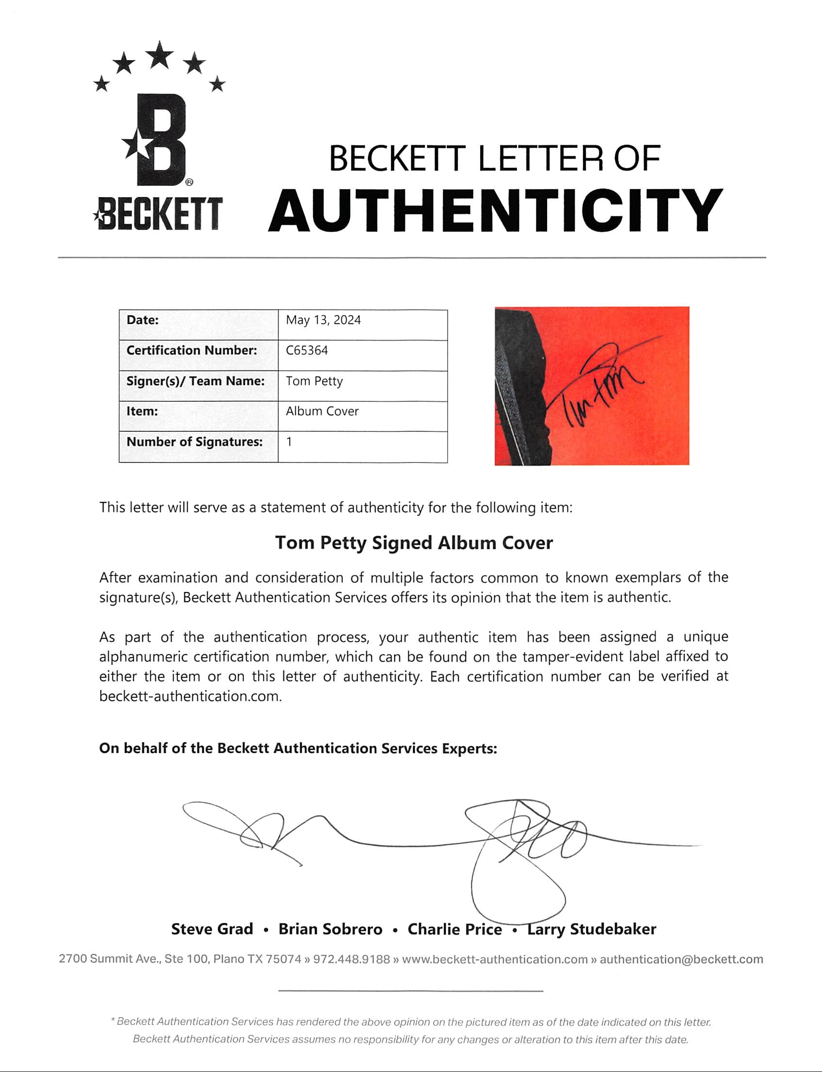 Tom Petty Authentic Signed Damn The Torpedoes Album Cover BAS #C65364