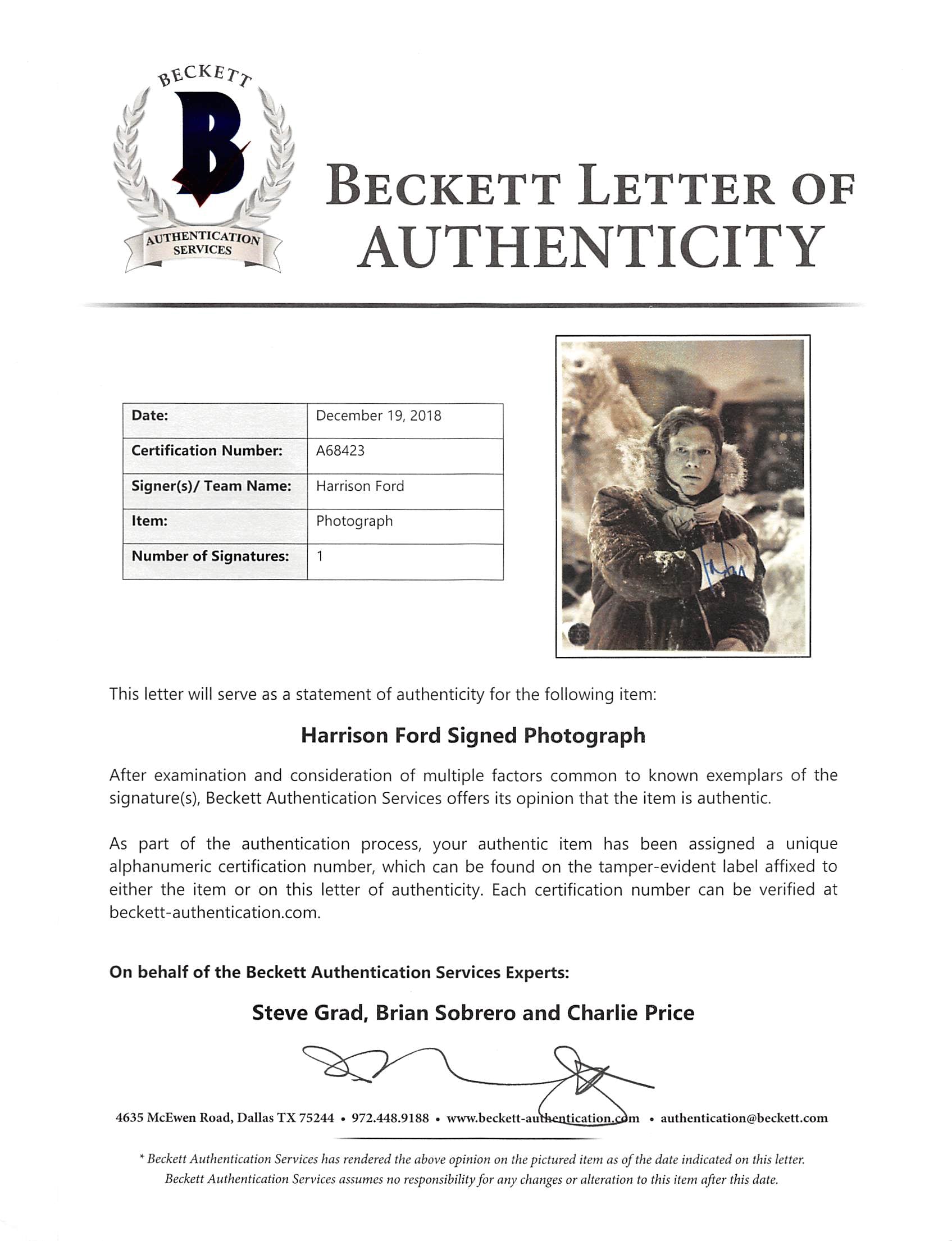 Harrison Ford Star Wars ESB Authentic Signed 11x14 OfficialPix Photo BAS #A68423