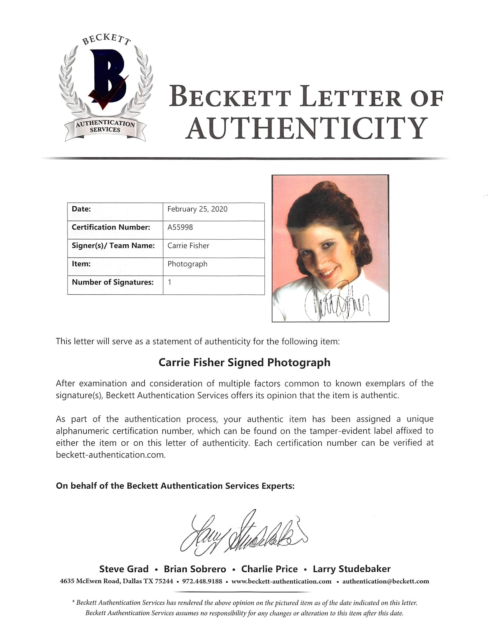 Carrie Fisher Star Wars The Empire Strikes Back Signed 11x14 Photo BAS #A55998