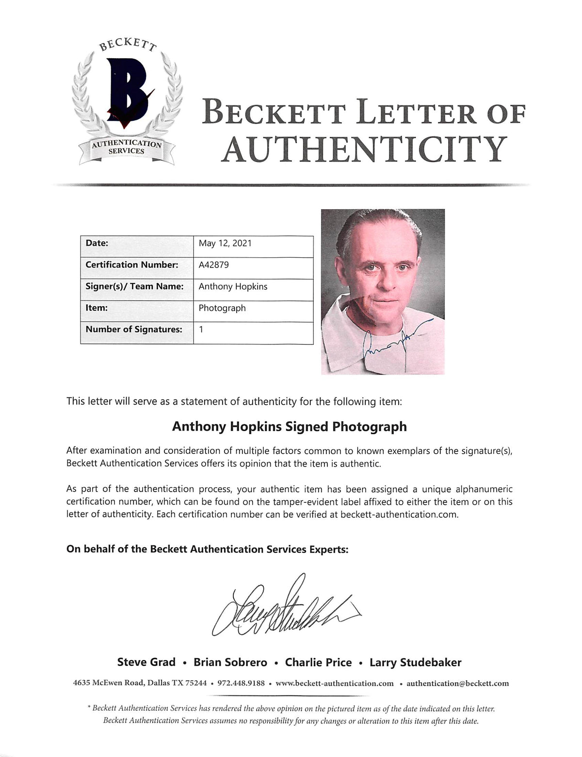 Anthony Hopkins The Silence of the Lambs Signed 11x14 Photo BAS #A42879