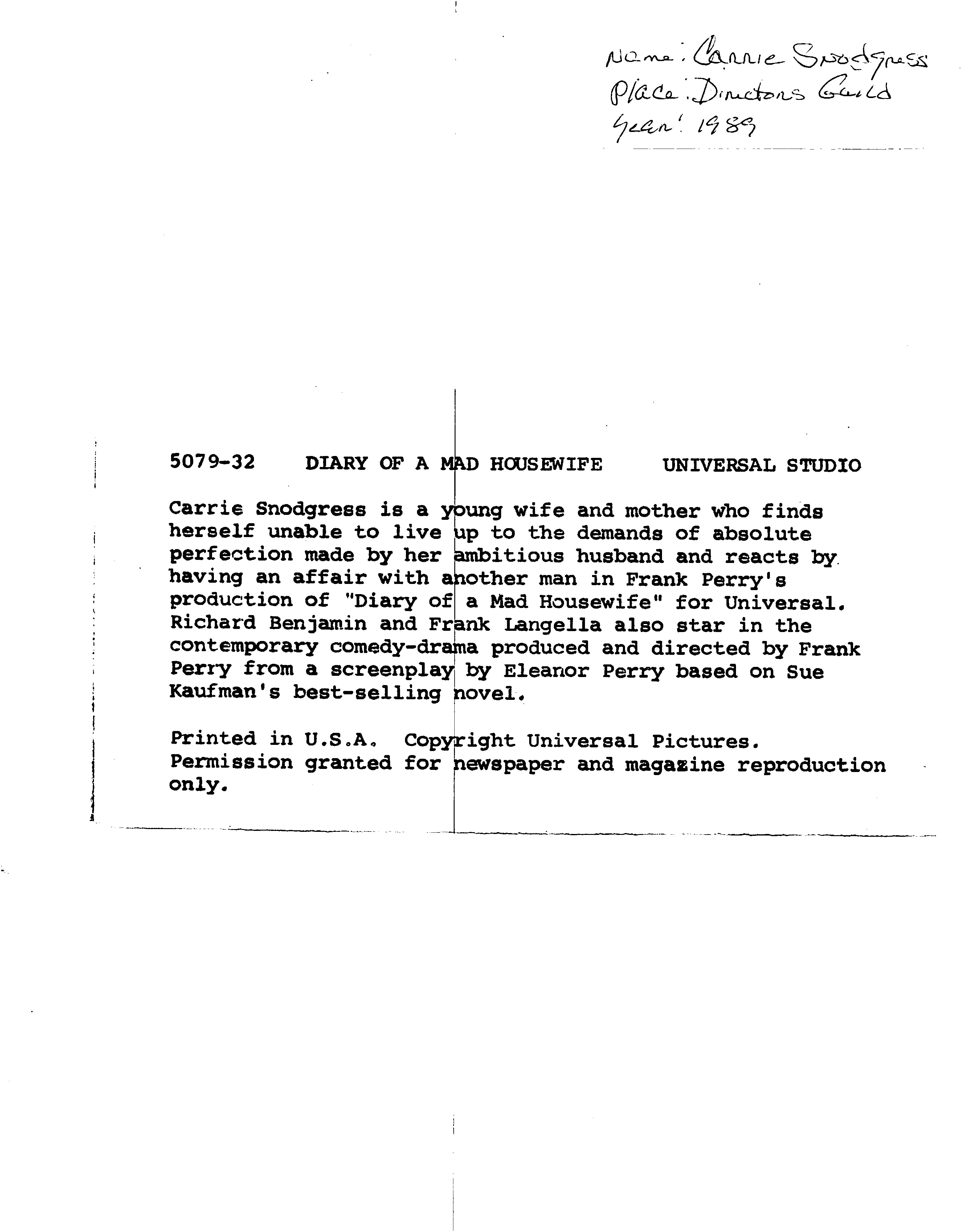 Carrie Snodgress Diary of a Mad Housewife Signed 8x10 Photo BAS #BN29113