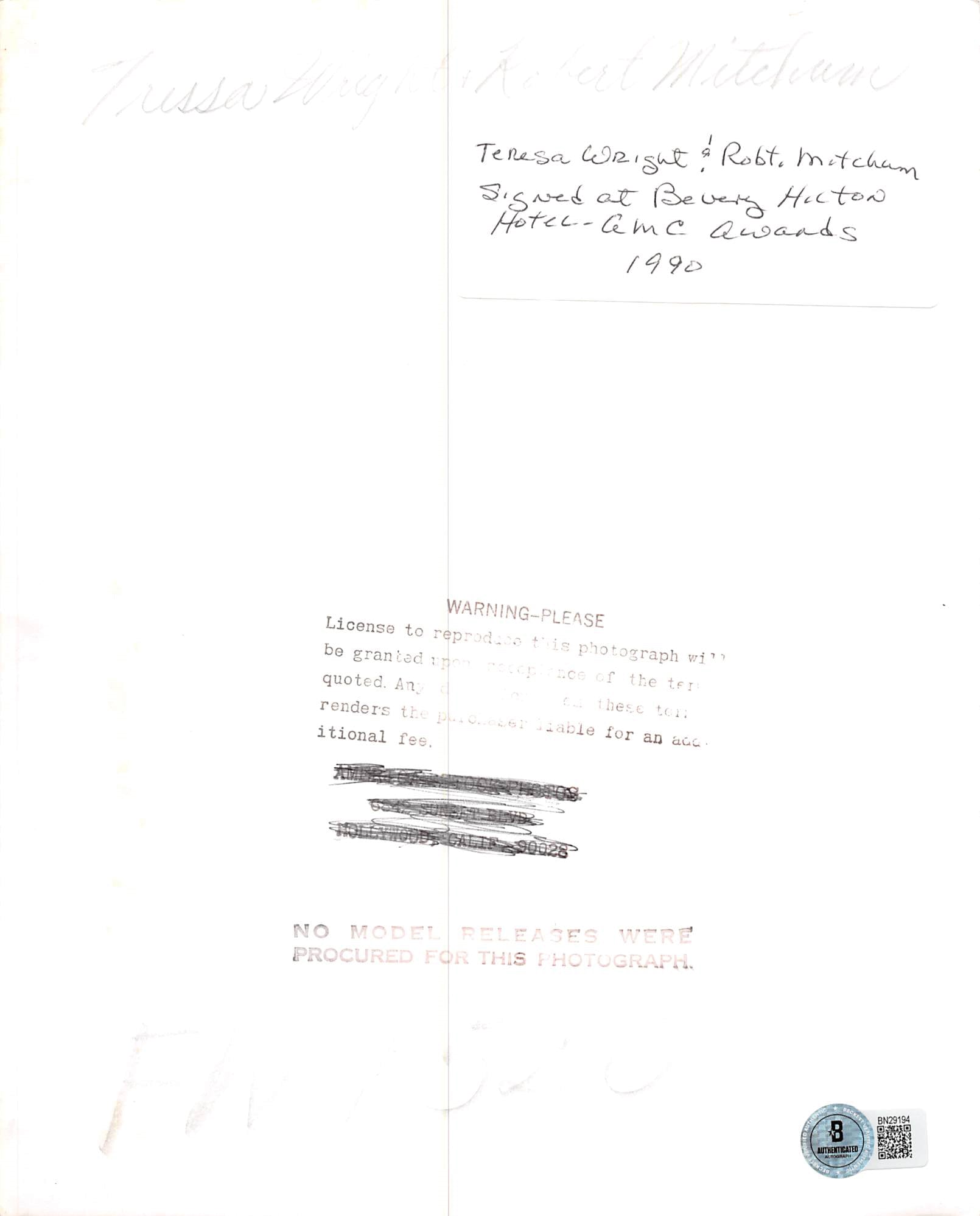 Tenesa Wright & Robert Mitchum Story of GI Joe Signed 8x10 Photo BAS #BN29194