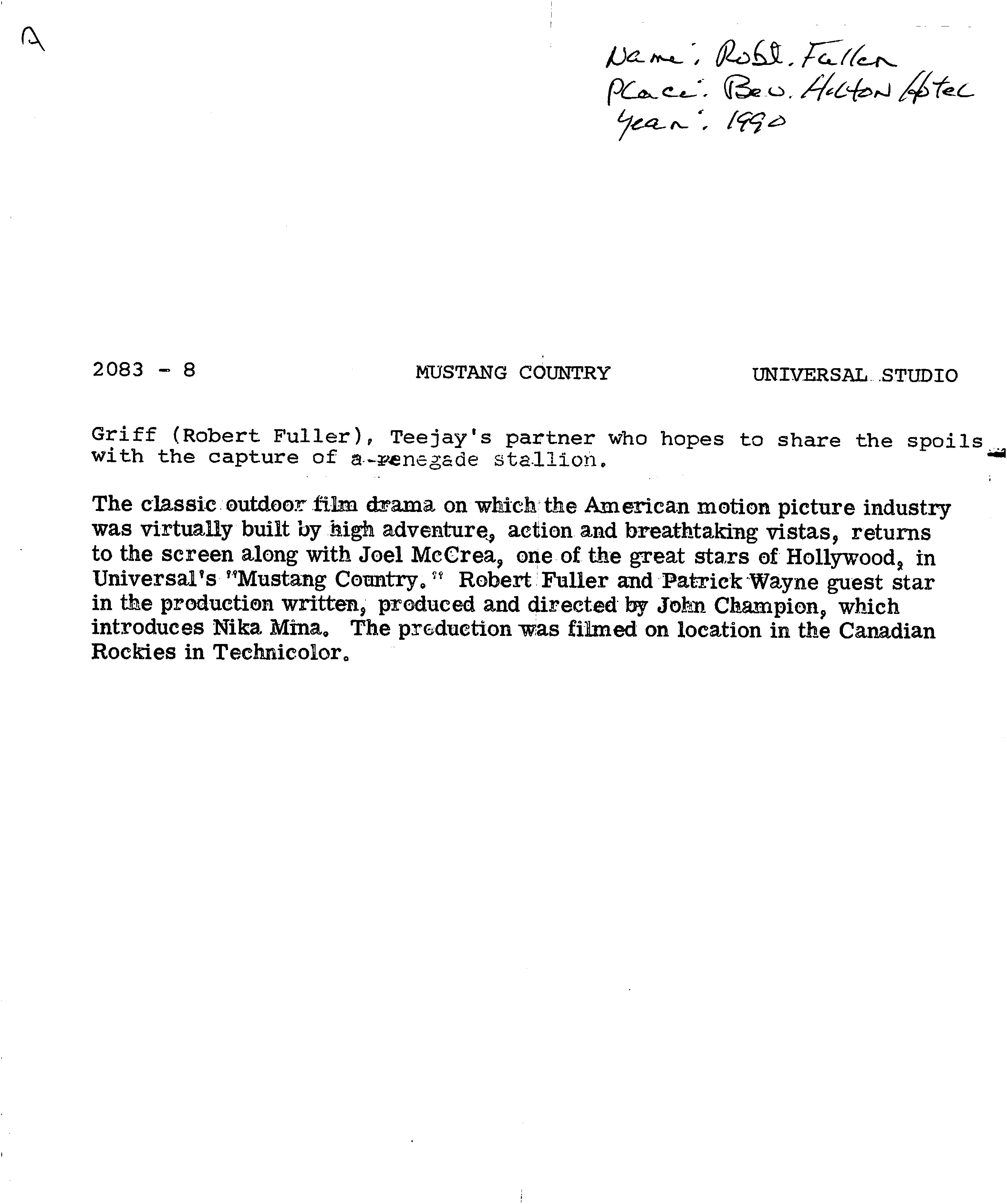 Robert Fuller Mustang Country Authentic Signed 8x9.5 Photo BAS #BN29212