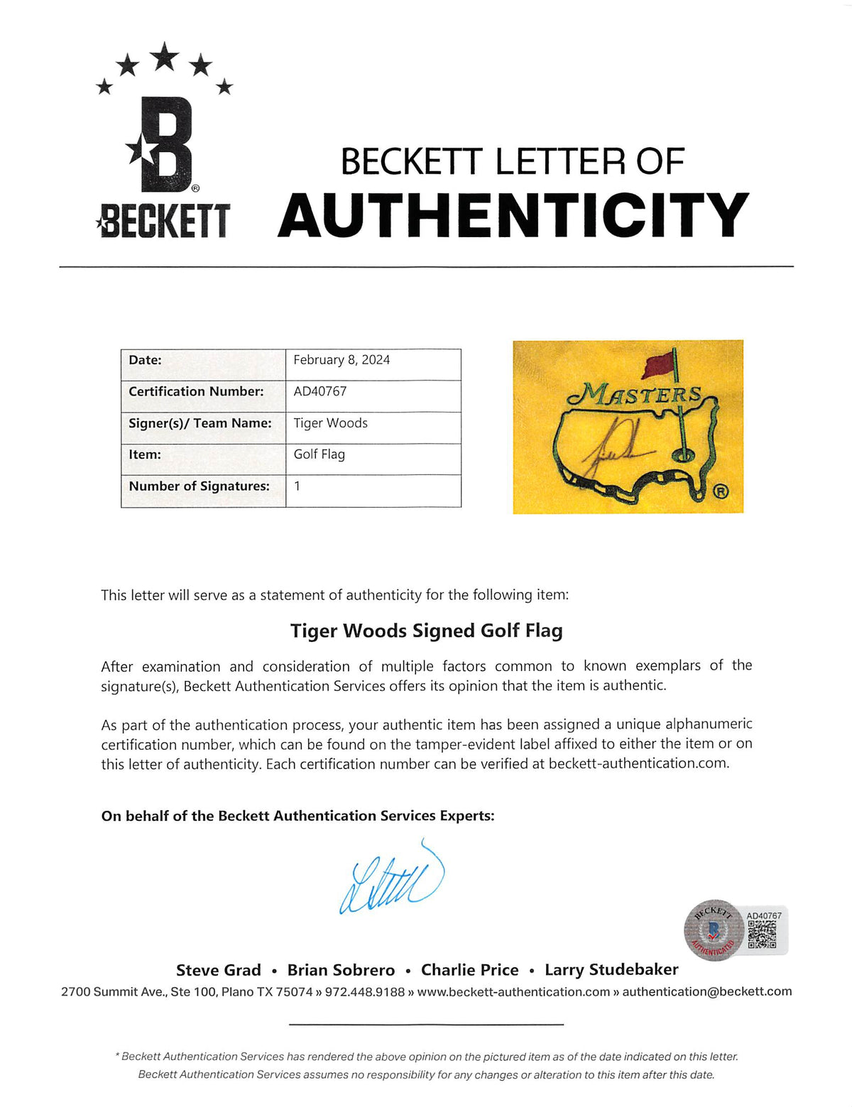 Tiger Woods Authentic Signed & Framed Masters Pin Flag Autographed BAS #AD40767