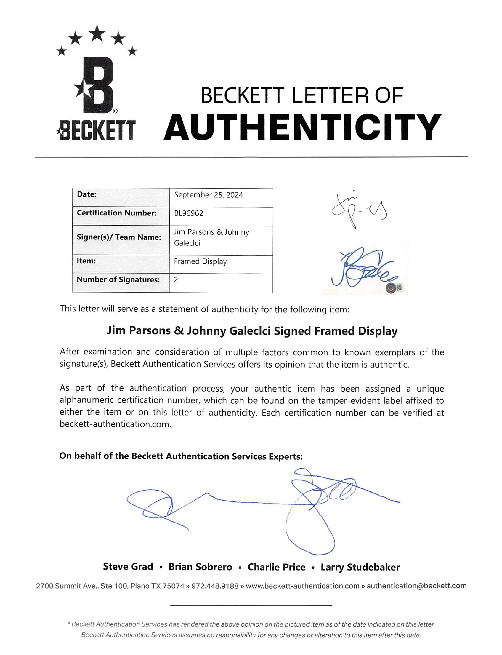 Jim Parsons & Johnny Galecki The Big Bang Theory Signed & Framed Display BAS LOA