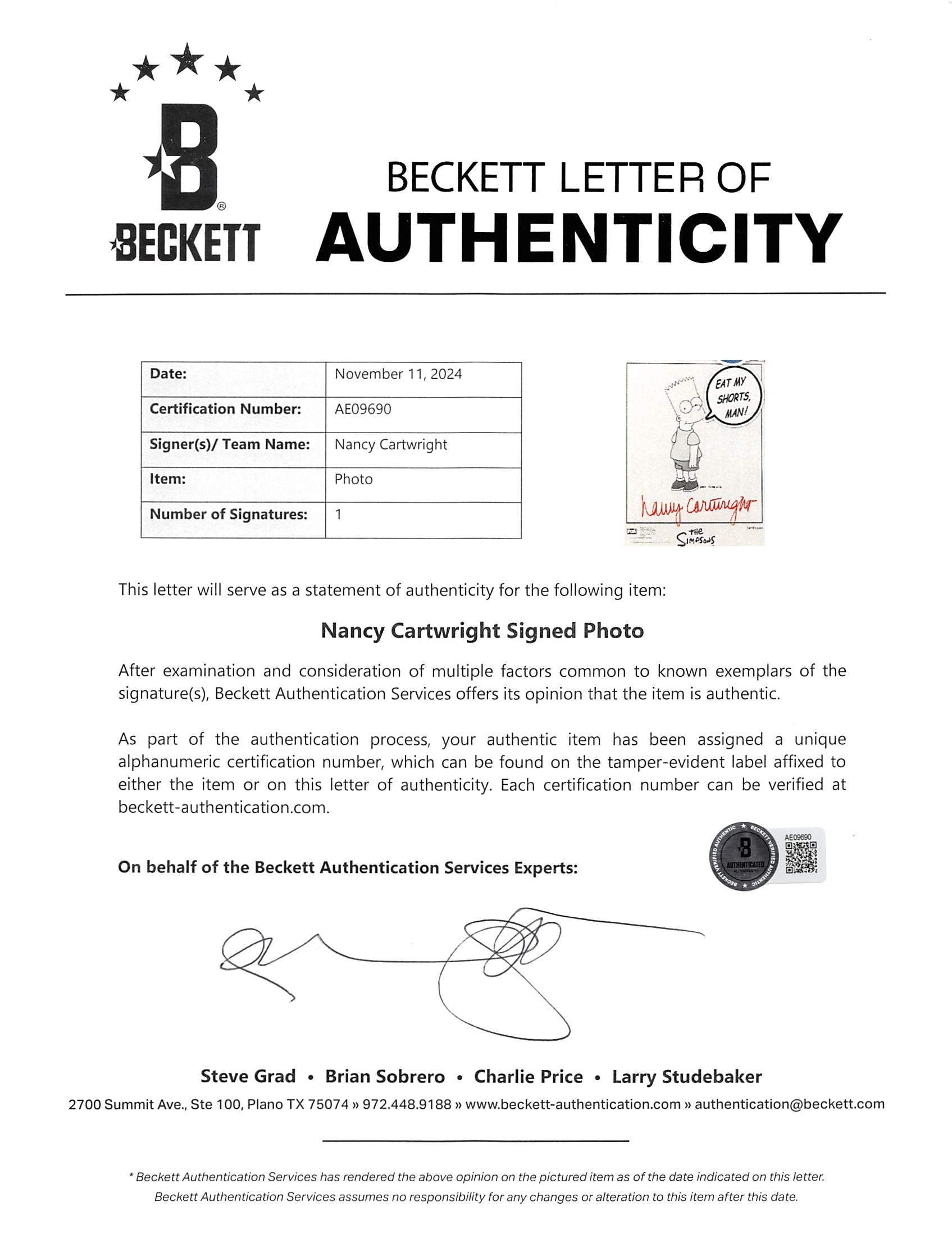 Nancy Cartwright The Simpsons Signed 8x10 Framed Bart Simpson 8x10 Photo BAS LOA