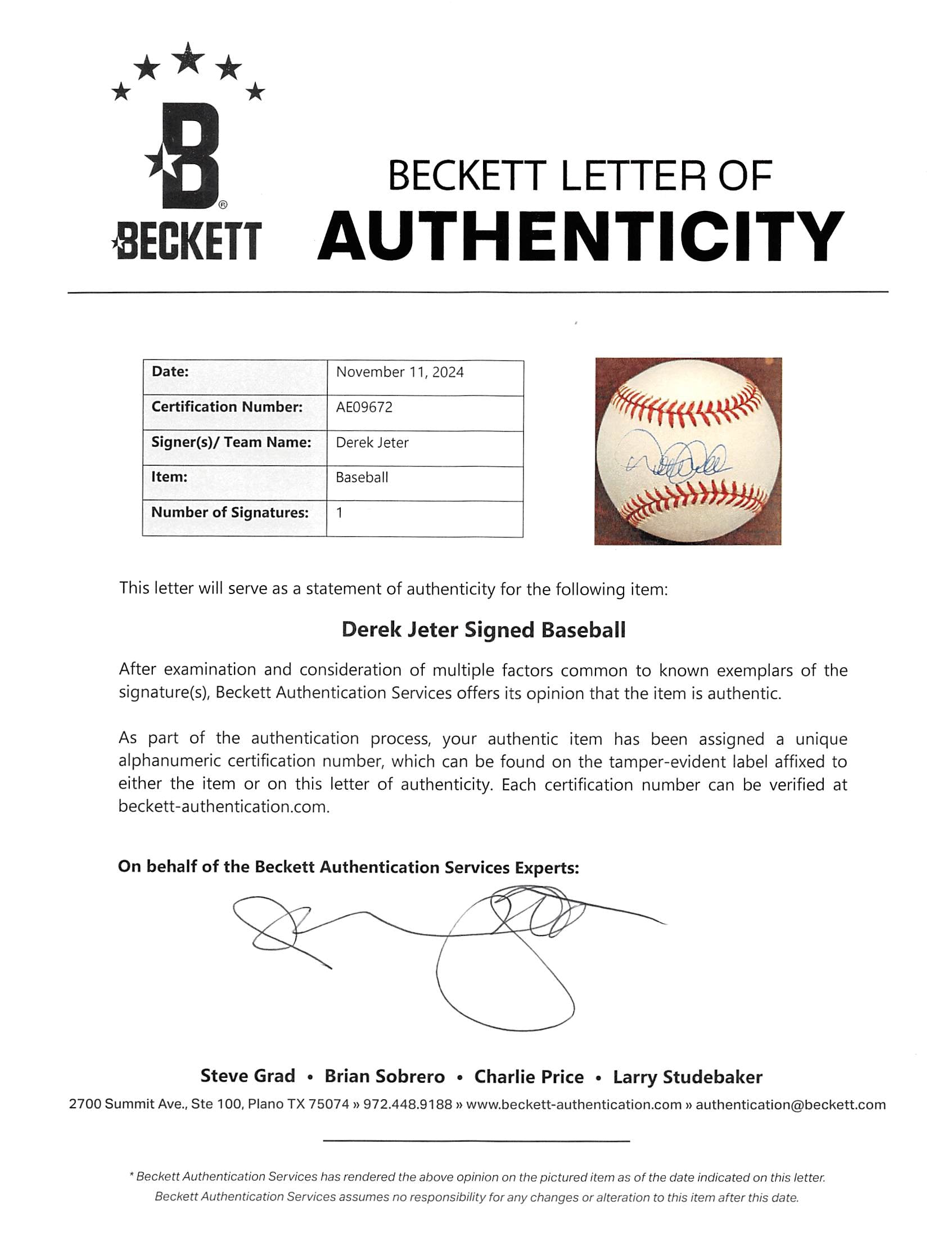 Yankees Derek Jeter Authentic Signed Manfred Oml Baseball BAS #AE09672