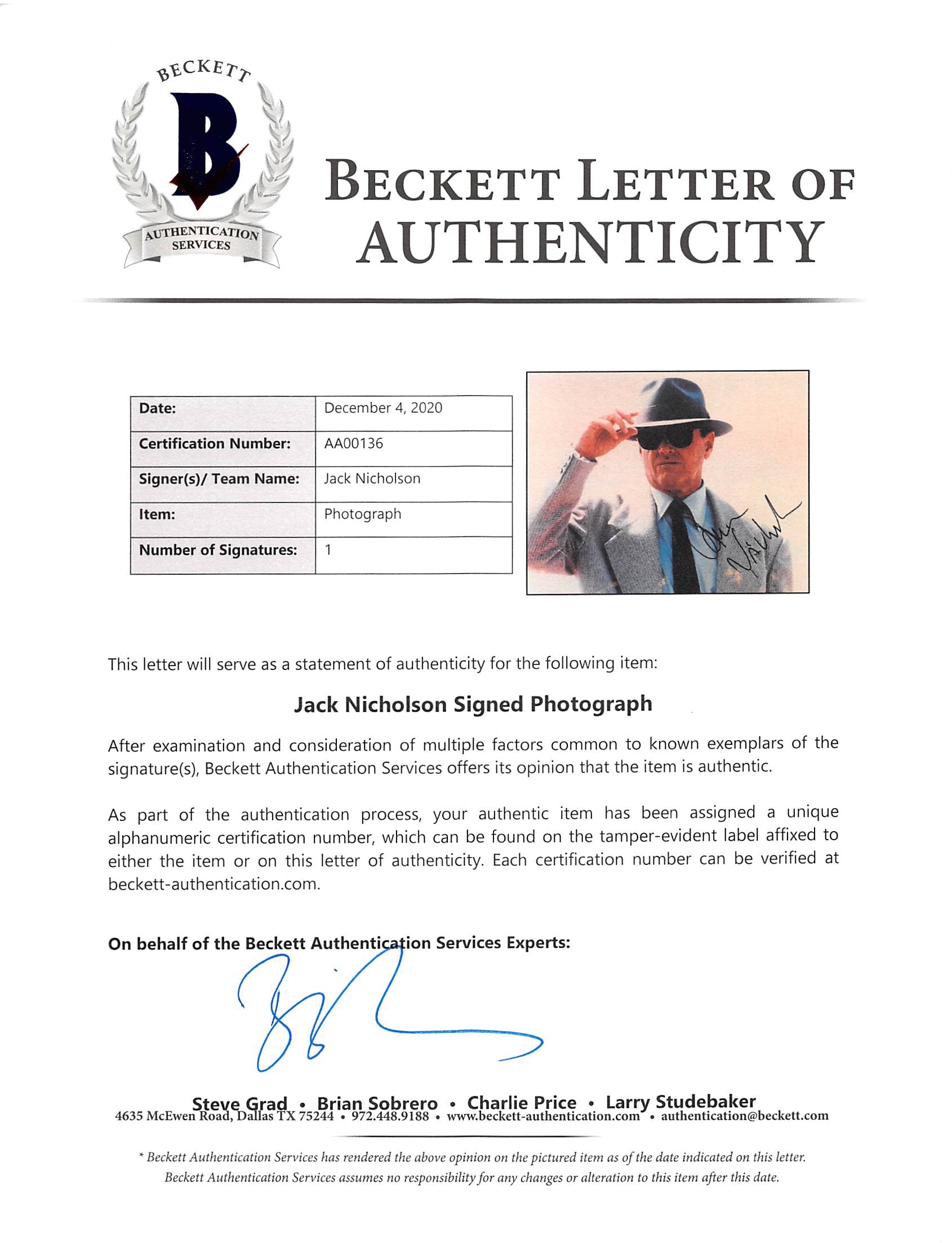 Jack Nicholson The Two Jakes Authentic Signed 8x10 Photo BAS #AA00136