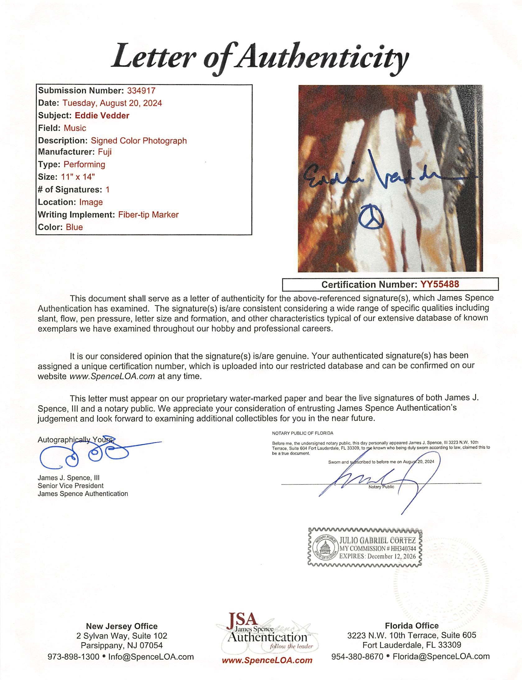 Eddie Vedder Pearl Jam Authentic Signed 11x14 Photo JSA #YY55488