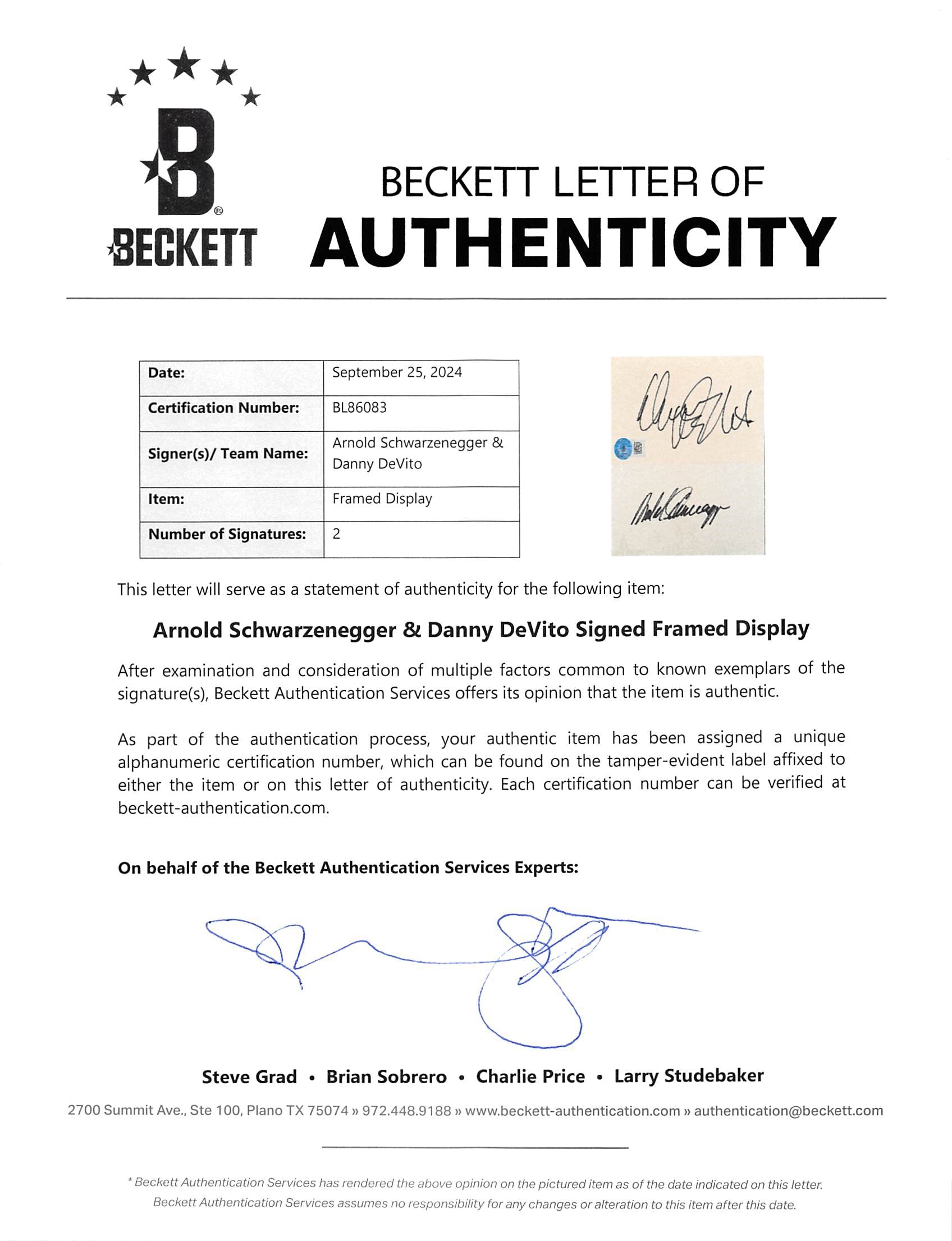 Arnold Schwarzenegger & Danny DeVito Twins Signed Framed Display BAS #BL96083