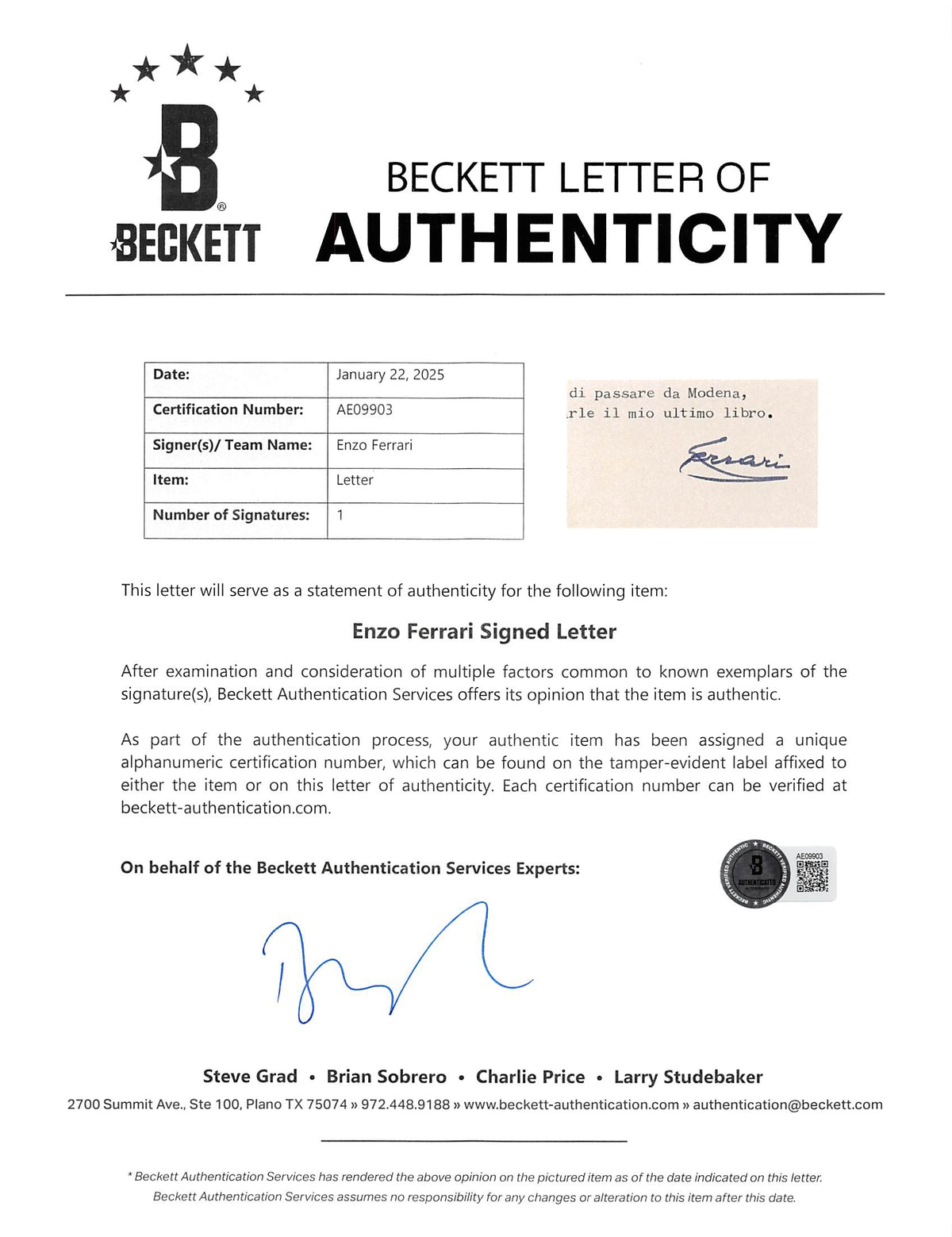 Enzo Ferrari Authentic Signed & Framed 3x5 Letter Autographed BAS #AE09903