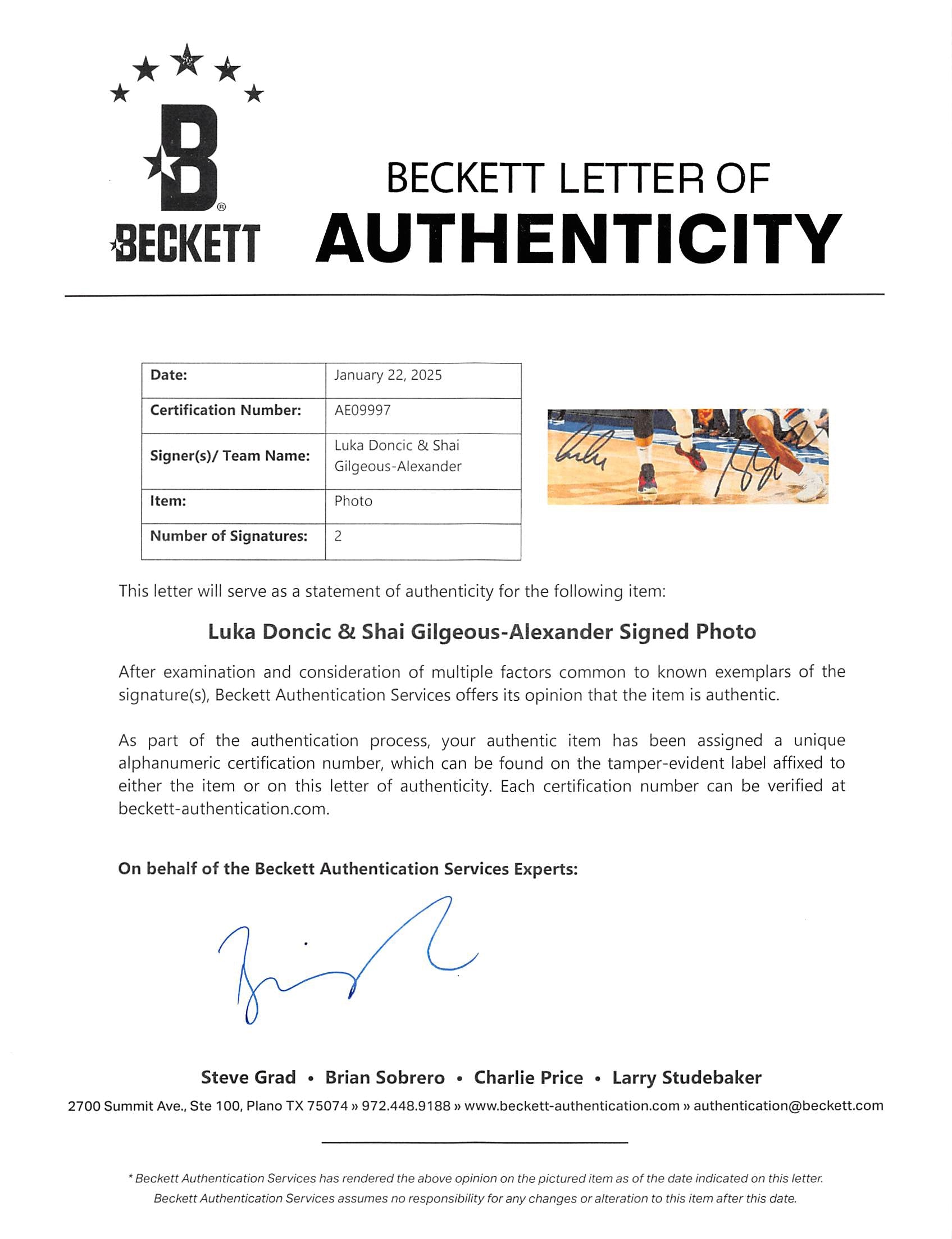 Luka Doncic & Shai Gilgeous-Alexander Authentic Signed 8x10 Photo BAS #AE09997